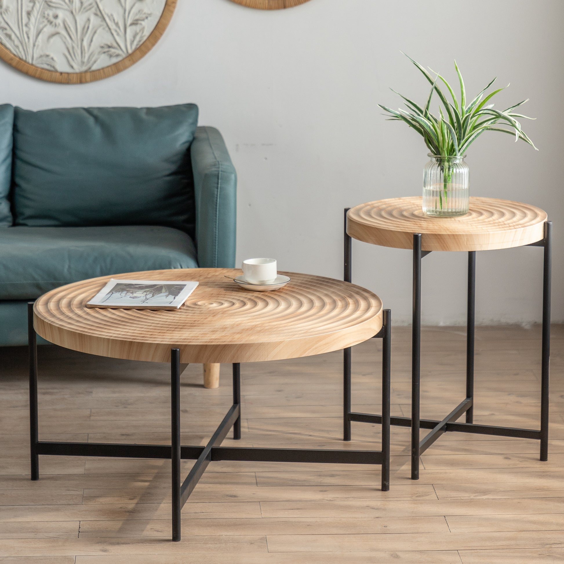 33"Modern Thread Design Round Coffee Tablemdf Table Top With Cross Legs Metal Base Natural Mdf