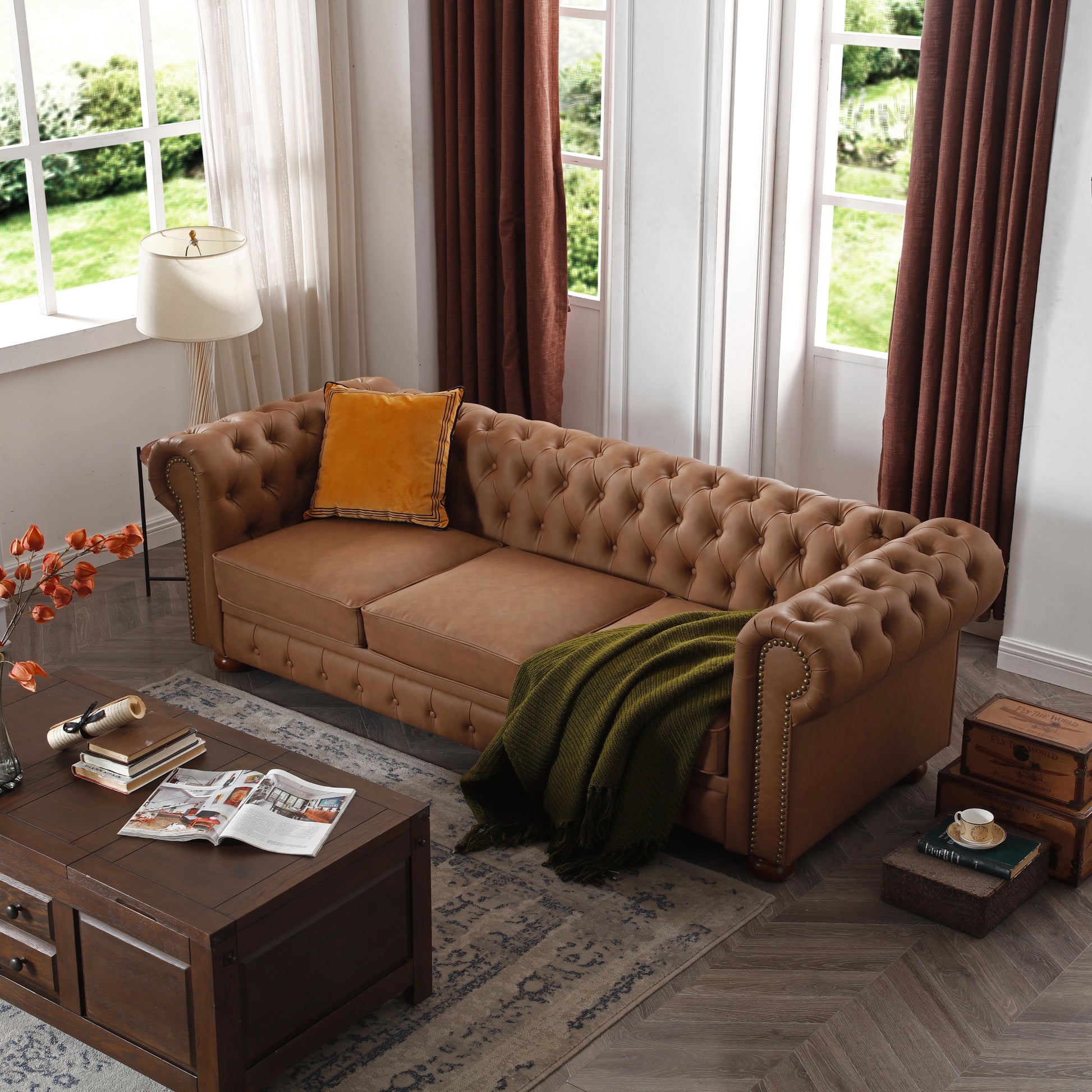 Classic Chesterfield Sofa Brown Faux Leather brown-foam-technical leather