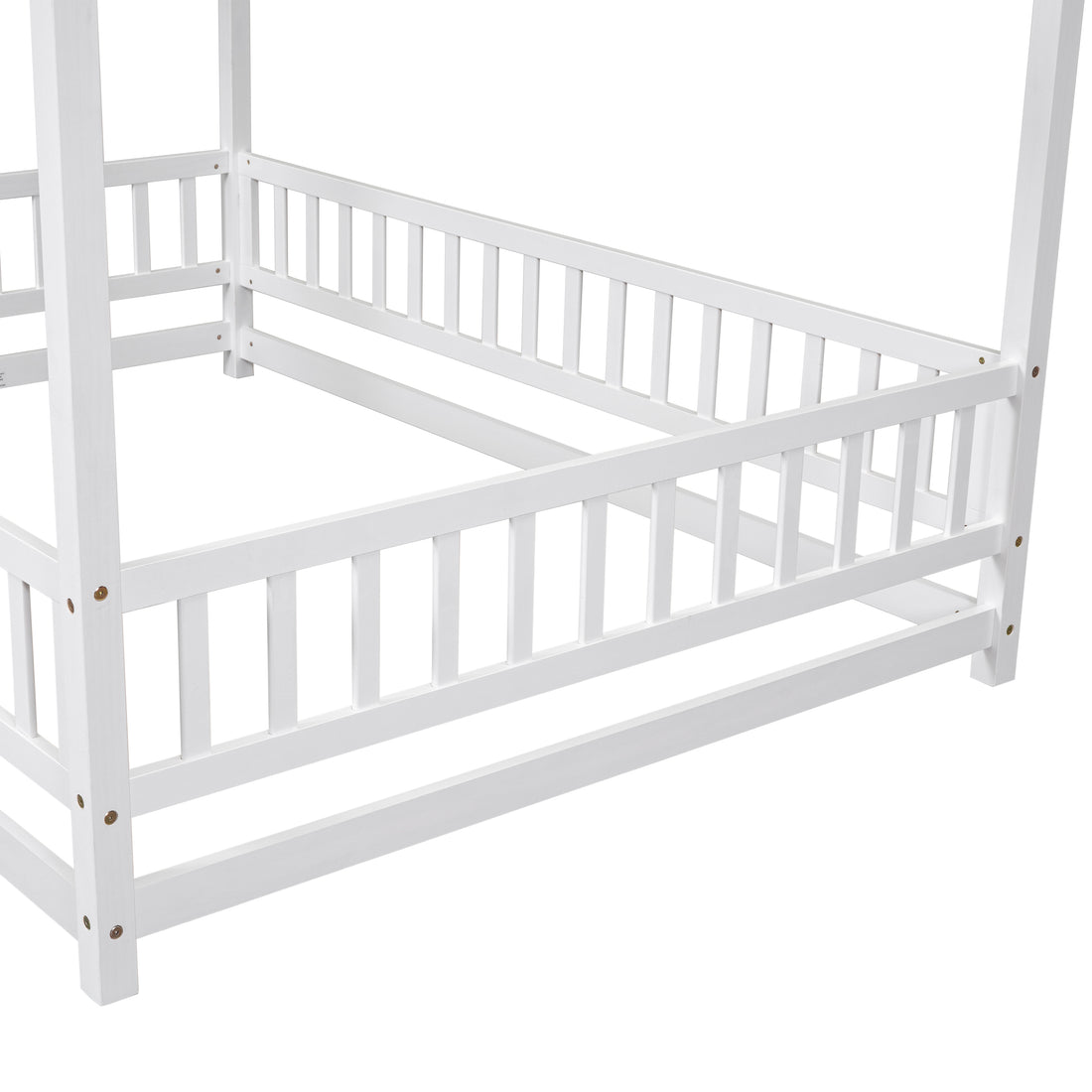 Full Size Floor Wooden Bed With House Roof Frame, Fence Guardrails ,White Old Sku:W50471475 Full White Pine