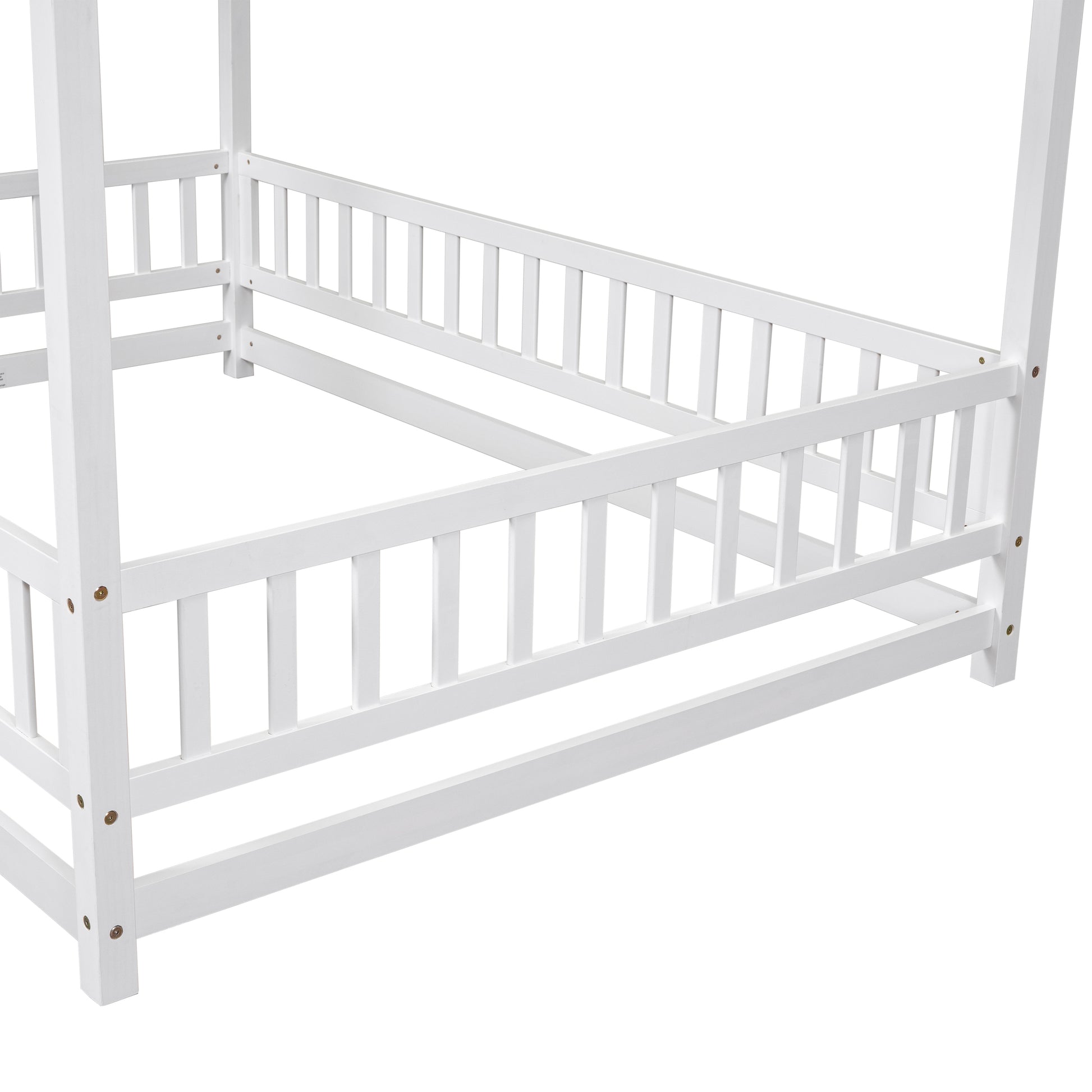 Full Size Floor Wooden Bed With House Roof Frame, Fence Guardrails ,White Old Sku:W50471475 Full White Pine