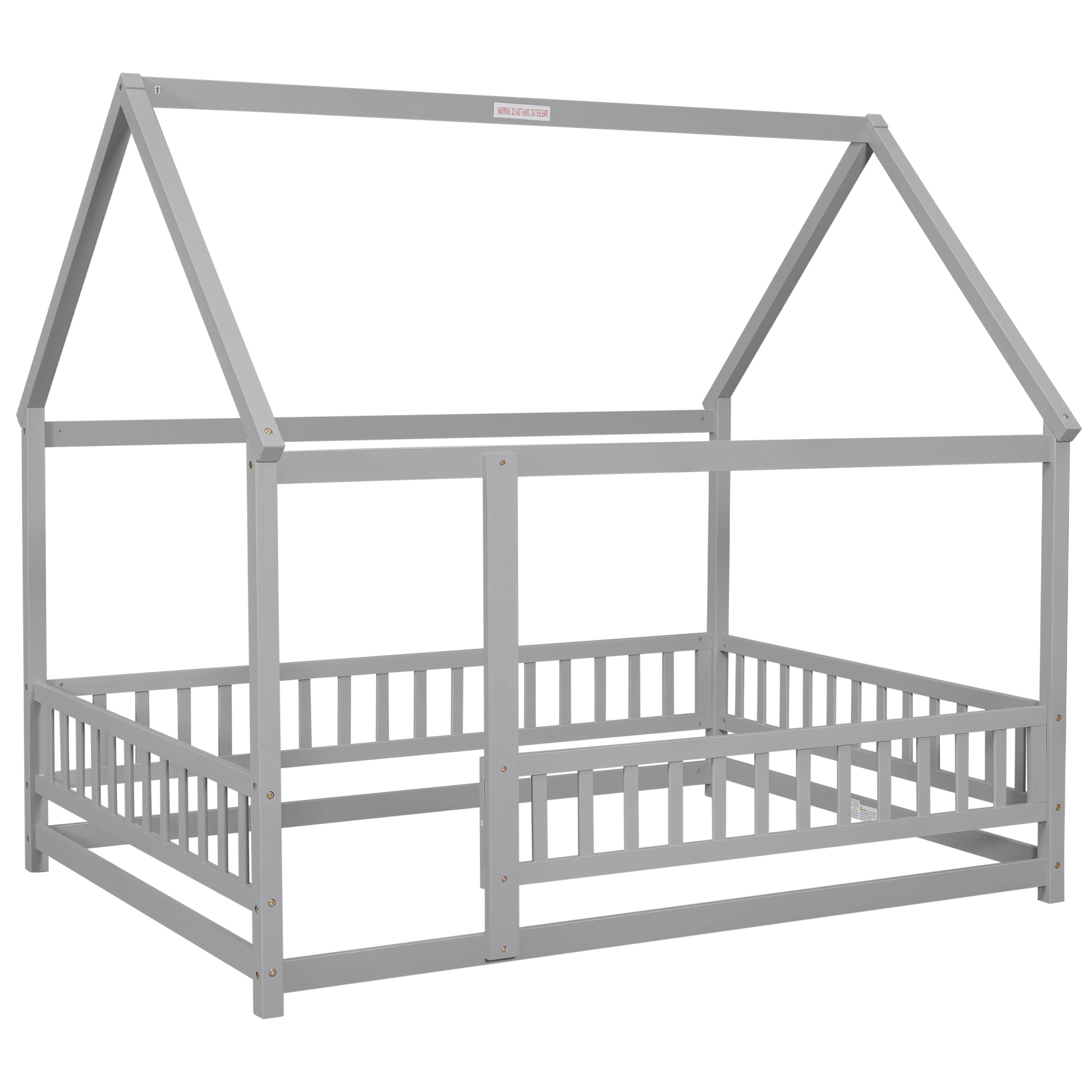 Full Size Floor Wooden Bed With House Roof Frame, Fence Guardrails ,Grey Old Sku:W50471474 Full Grey Pine