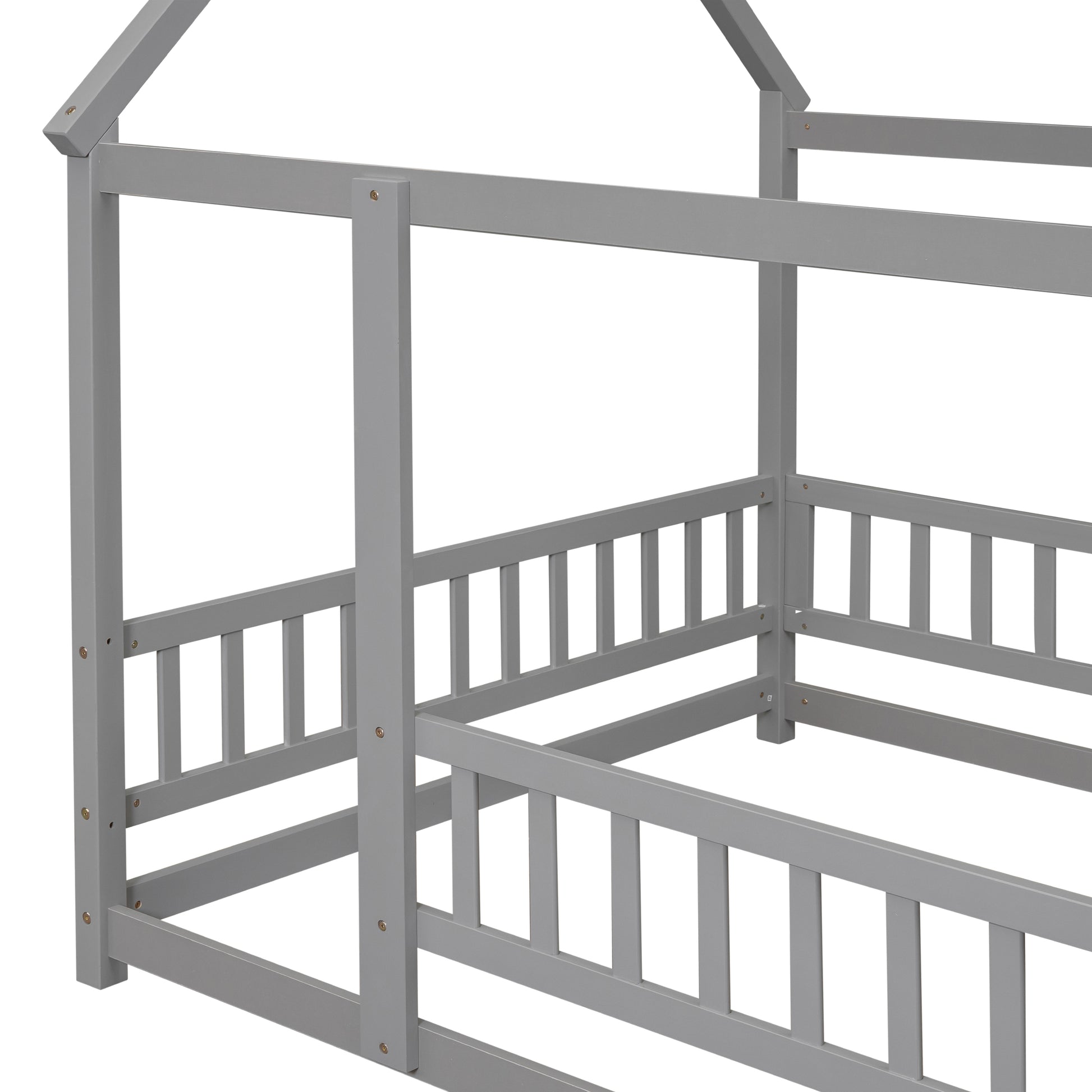 Full Size Floor Wooden Bed With House Roof Frame, Fence Guardrails ,Grey Old Sku:W50471474 Full Grey Pine