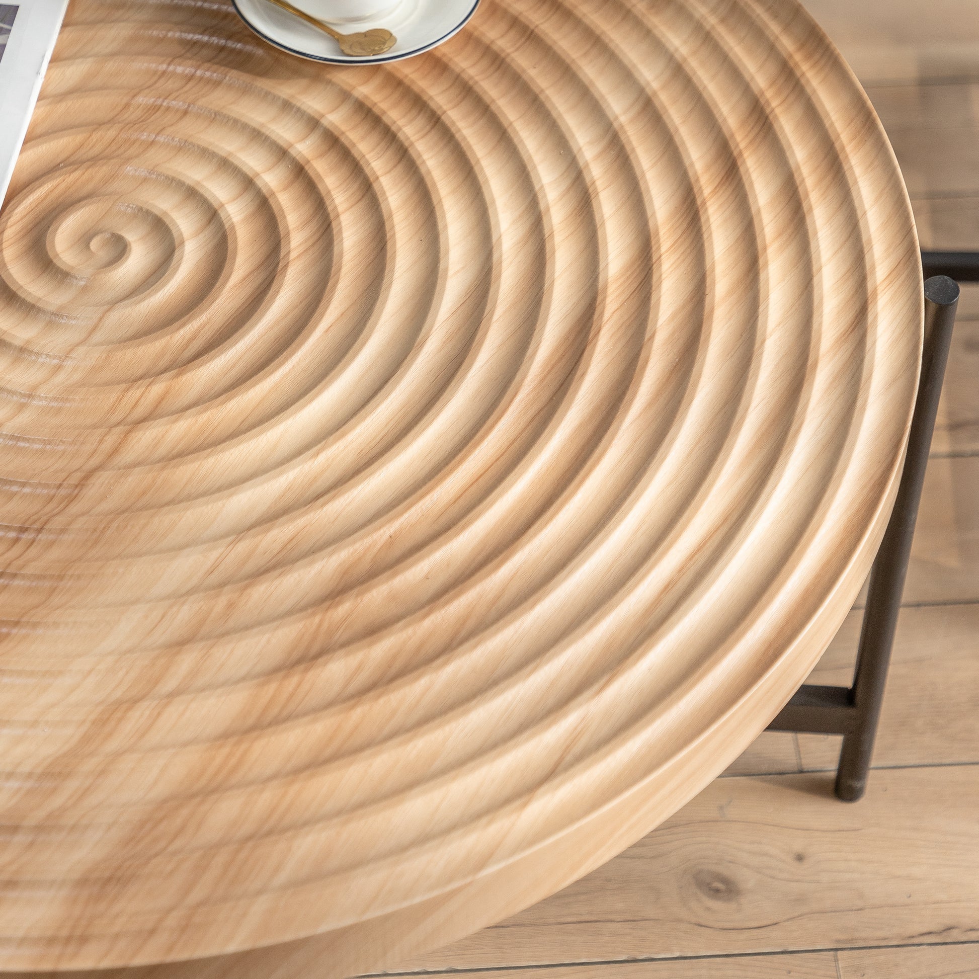 33"Modern Thread Design Round Coffee Tablemdf Table Top With Cross Legs Metal Base Natural Mdf