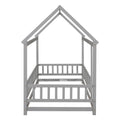 Twin Size Floor Wooden Bed With House Roof Frame, Fence Guardrails,Grey Old Sku:W50471471 Twin Grey Pine