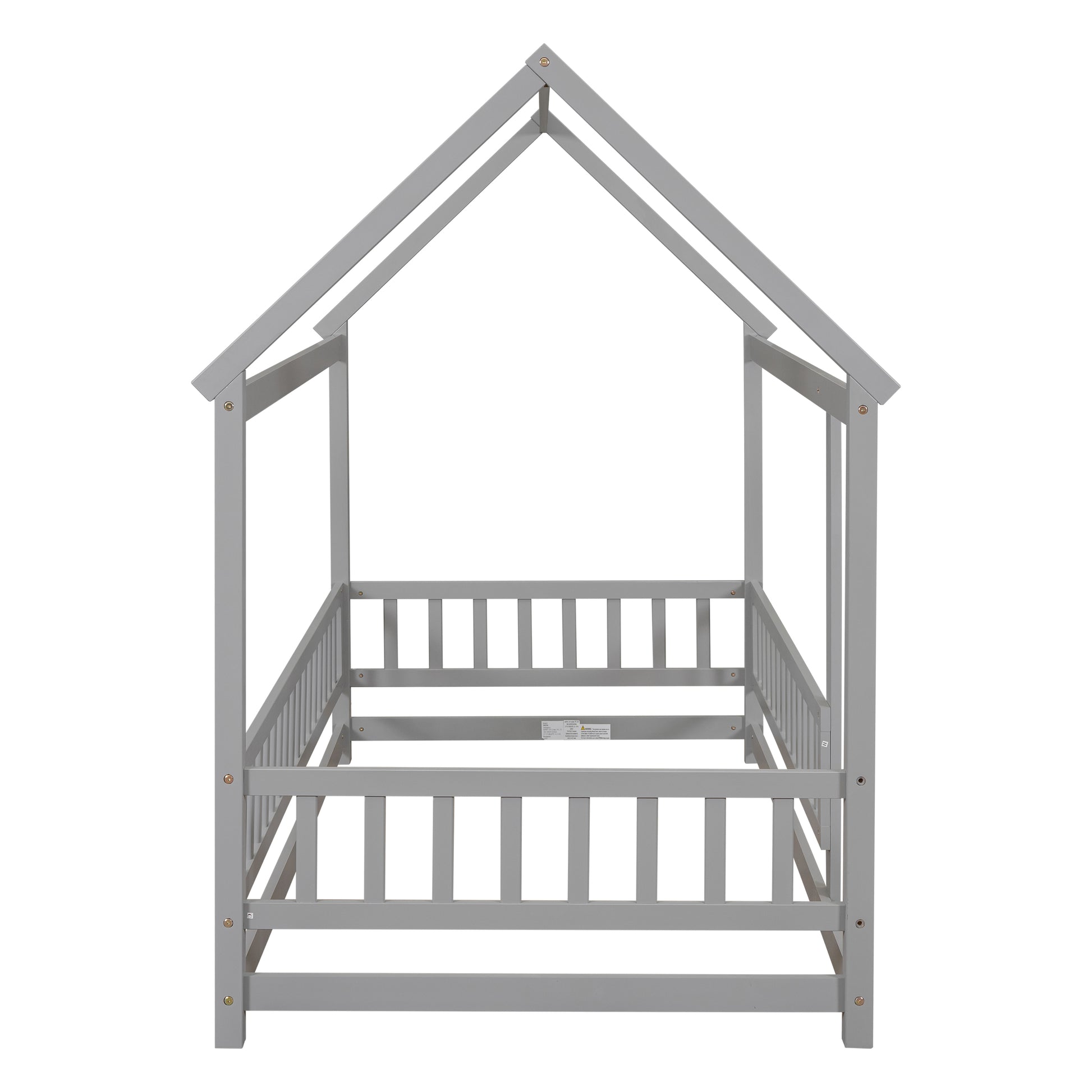 Twin Size Floor Wooden Bed With House Roof Frame, Fence Guardrails,Grey Old Sku:W50471471 Twin Grey Pine