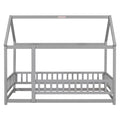 Twin Size Floor Wooden Bed With House Roof Frame, Fence Guardrails,Grey Old Sku:W50471471 Twin Grey Pine