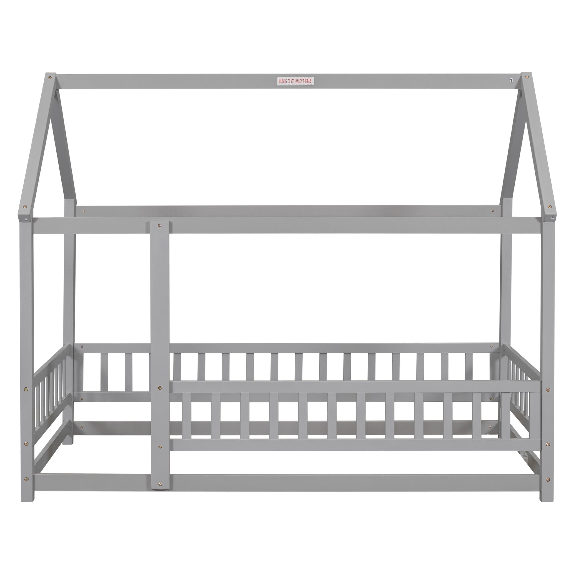 Twin Size Floor Wooden Bed With House Roof Frame, Fence Guardrails,Grey Old Sku:W50471471 Twin Grey Pine