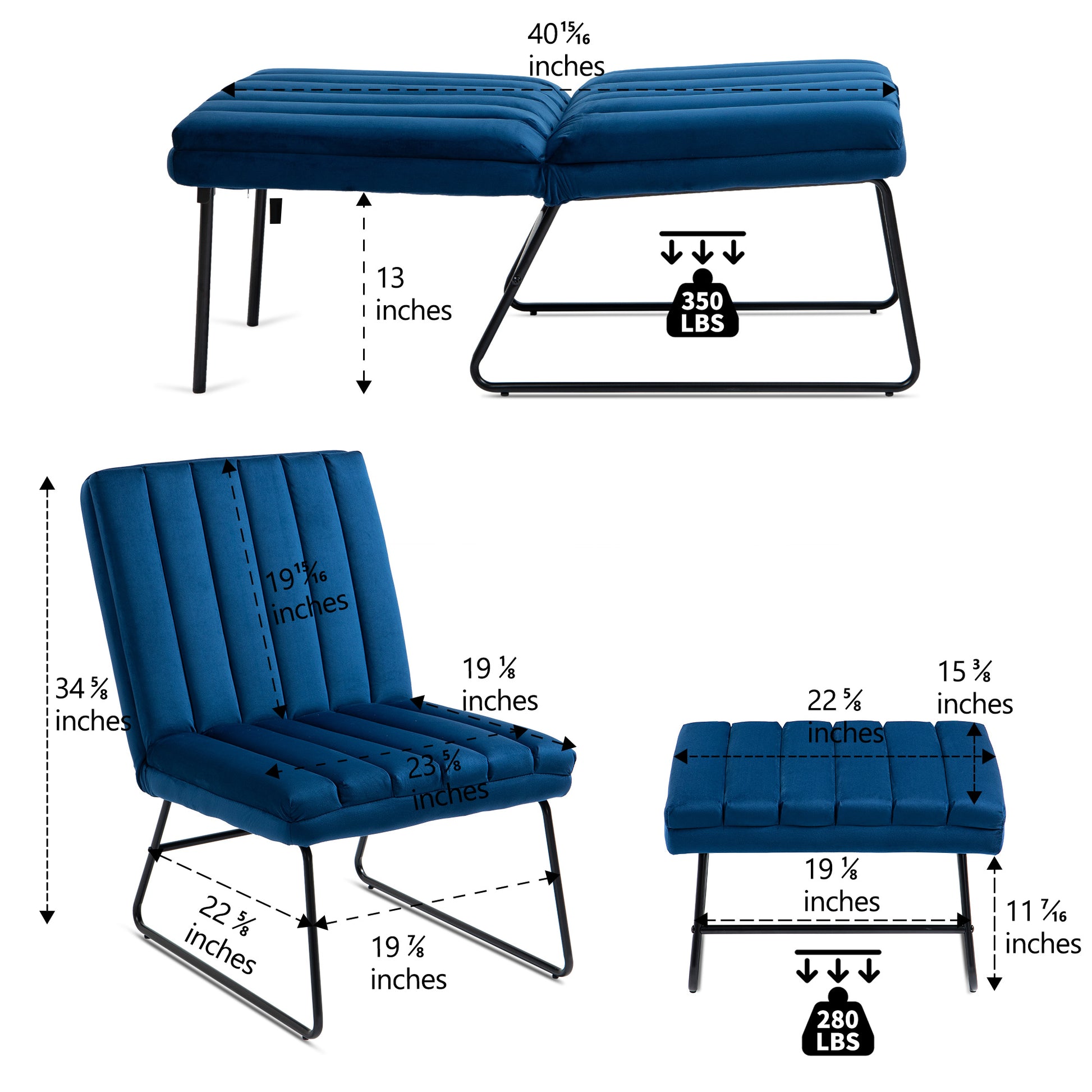 Dark Blue Modern Lazy Lounge Chair, Contemporary Single Leisure Upholstered Sofa Chair Set Dark Blue Primary Living Space Modern Foam Velvet
