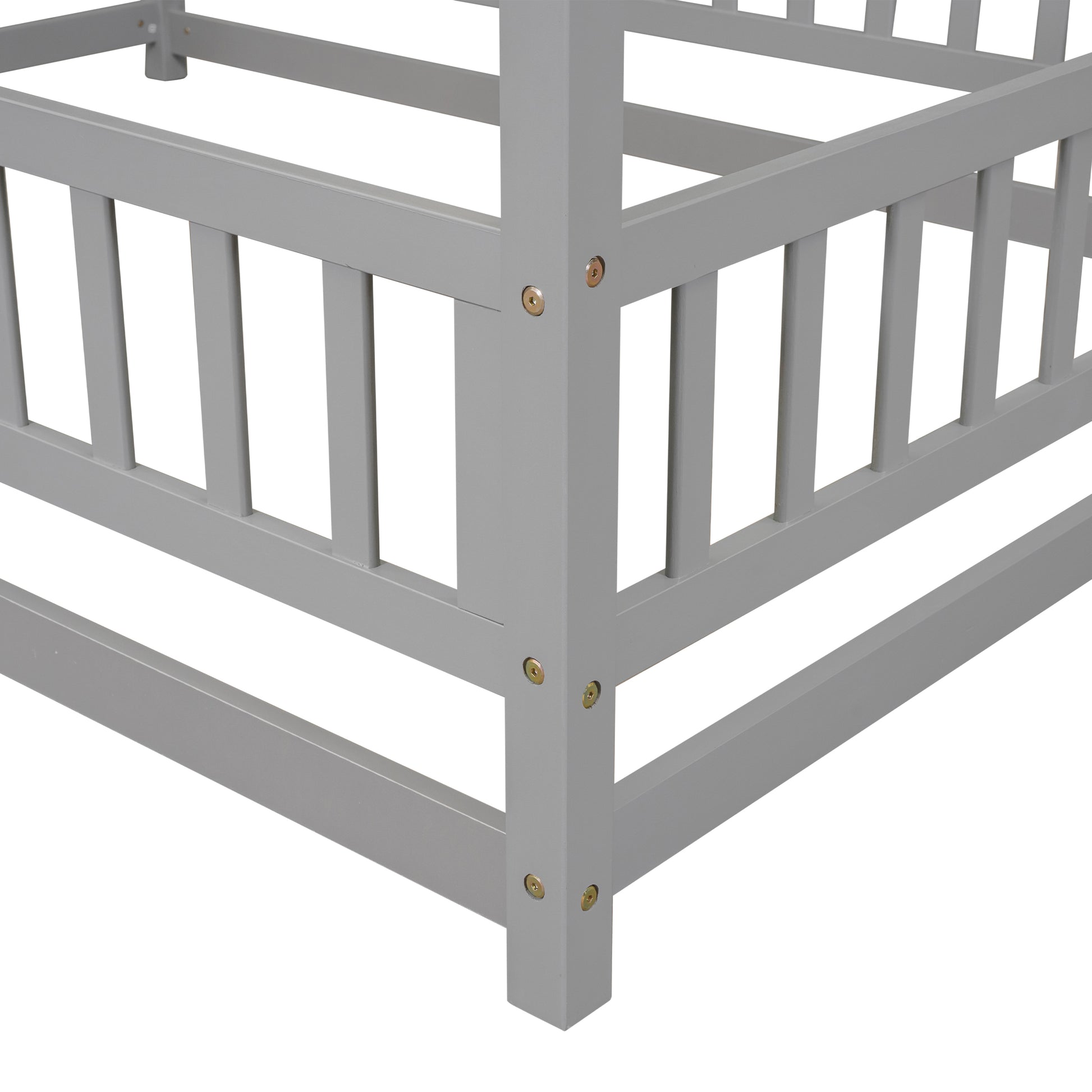 Full Size Floor Wooden Bed With House Roof Frame, Fence Guardrails ,Grey Old Sku:W50471474 Full Grey Pine