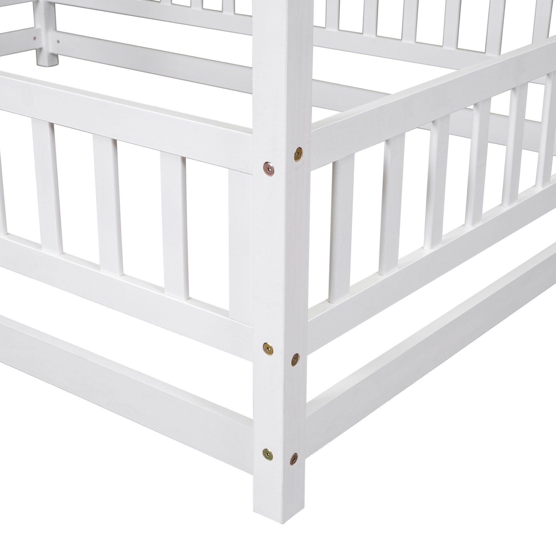 Full Size Floor Wooden Bed With House Roof Frame, Fence Guardrails ,White Old Sku:W50471475 Full White Pine