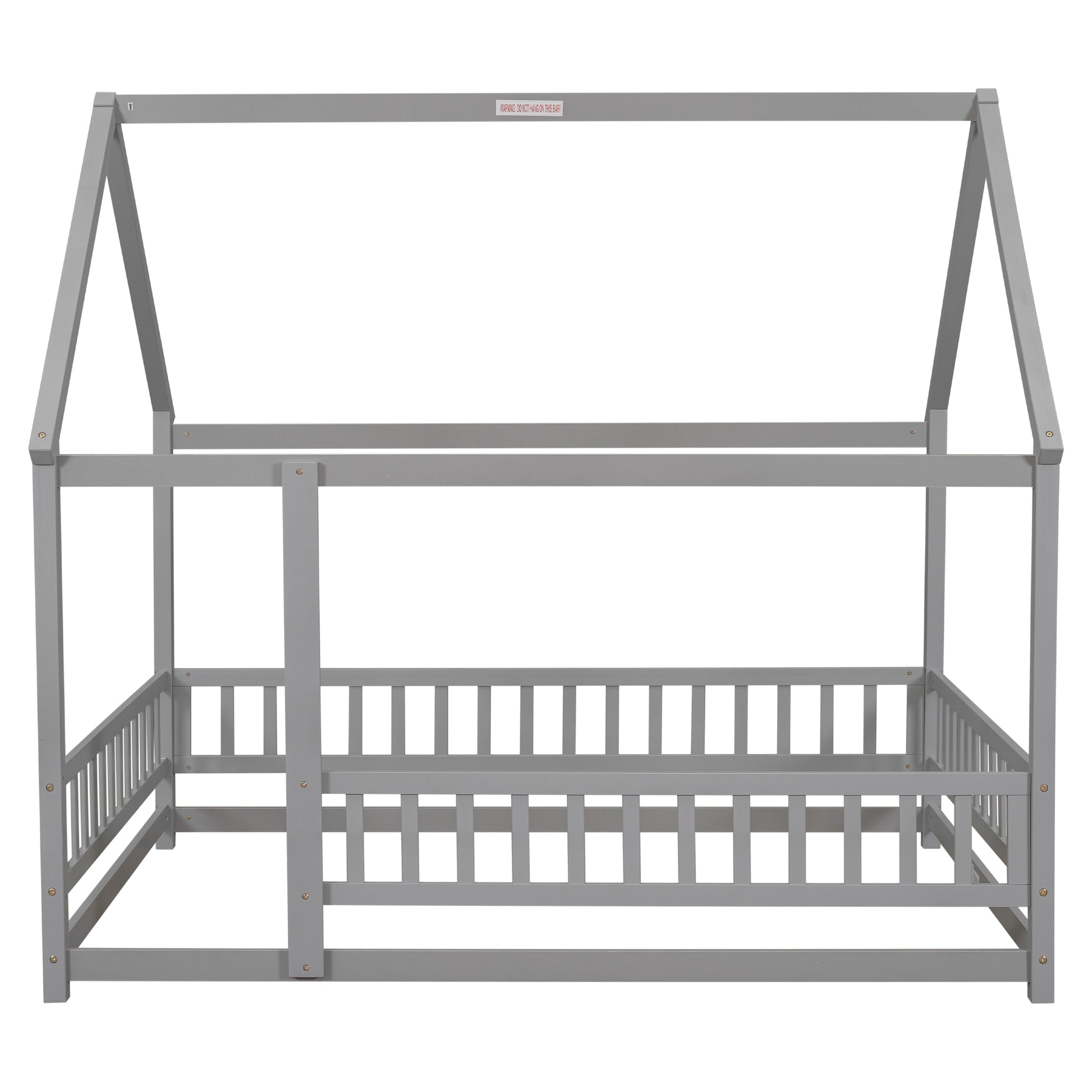 Full Size Floor Wooden Bed With House Roof Frame, Fence Guardrails ,Grey Old Sku:W50471474 Full Grey Pine
