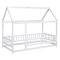 Twin Size Floor Wooden Bed With House Roof Frame, Fence Guardrails,White Old Sku:W50471472 Twin White Pine