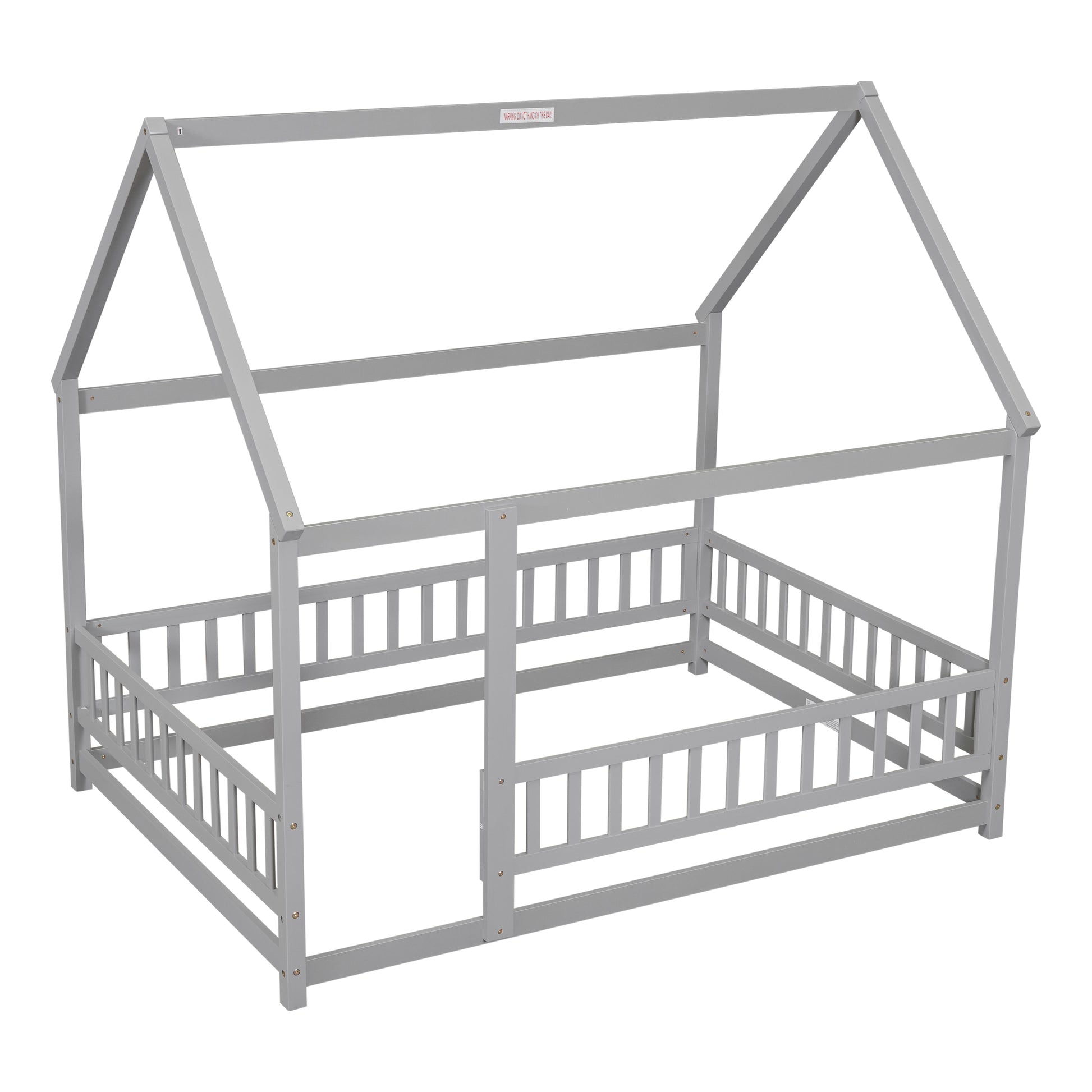 Full Size Floor Wooden Bed With House Roof Frame, Fence Guardrails ,Grey Old Sku:W50471474 Full Grey Pine