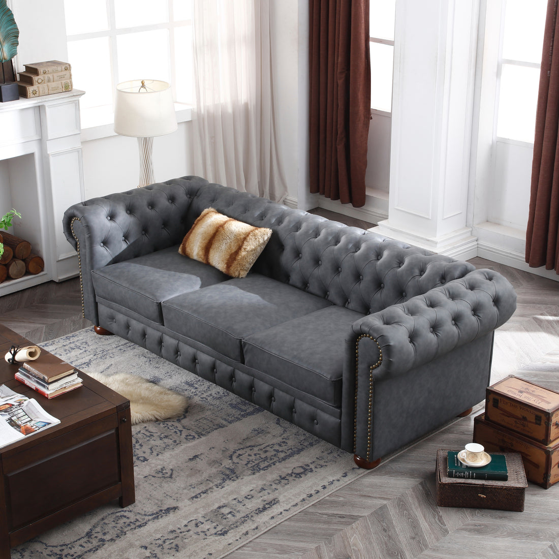 Classic Chesterfield Sofa Dark Grey Faux Leather Dark Grey Foam Technical Leather