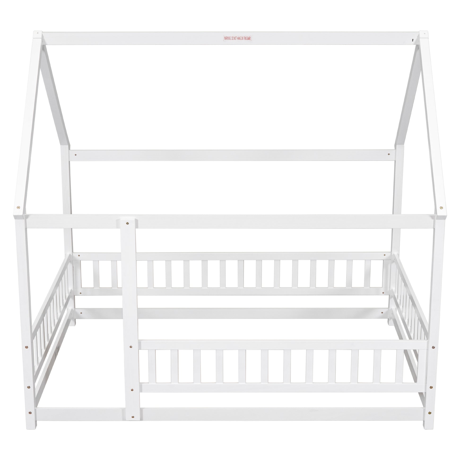 Full Size Floor Wooden Bed With House Roof Frame, Fence Guardrails ,White Old Sku:W50471475 Full White Pine