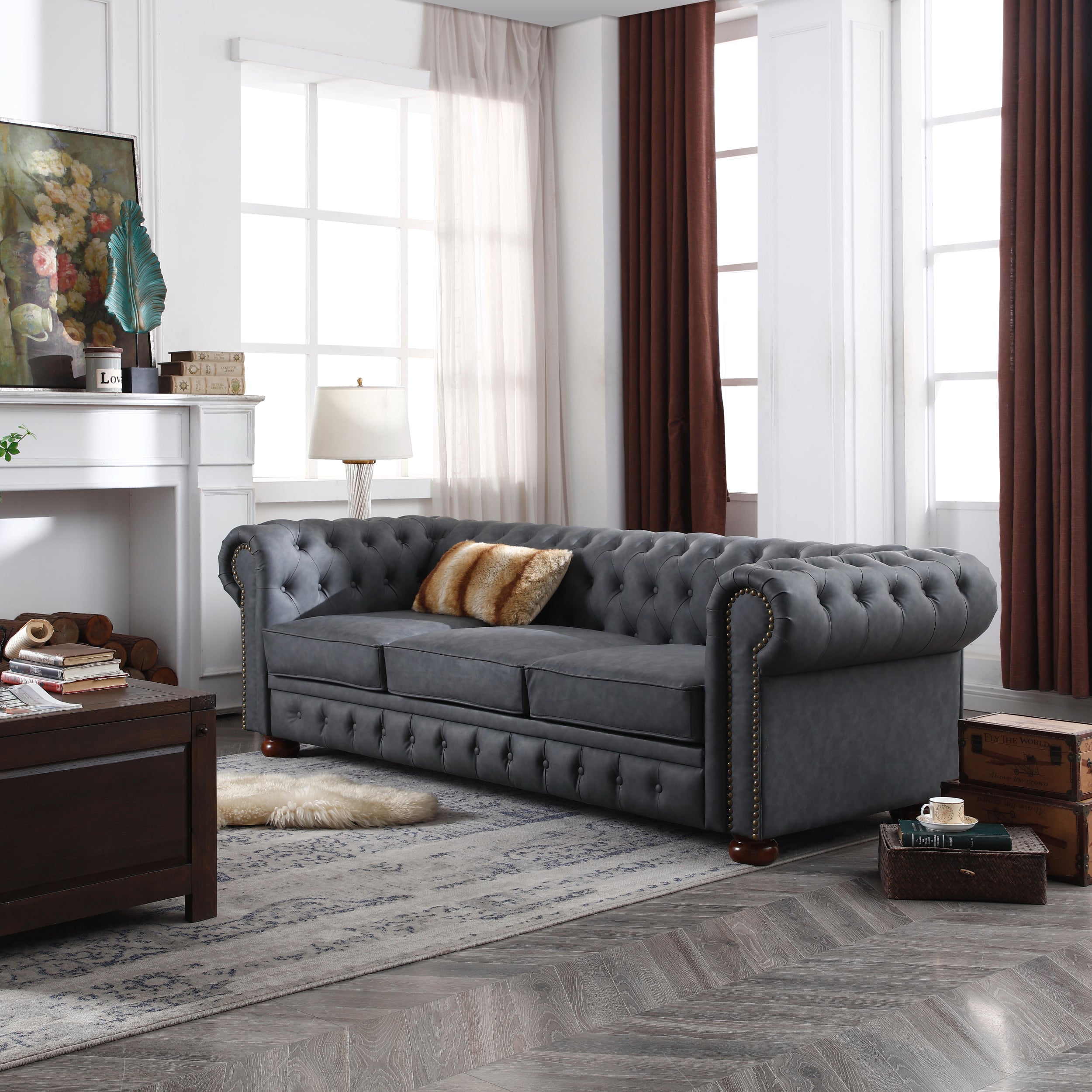 Classic Chesterfield Sofa Dark Grey Faux Leather Dark Grey Foam Techni