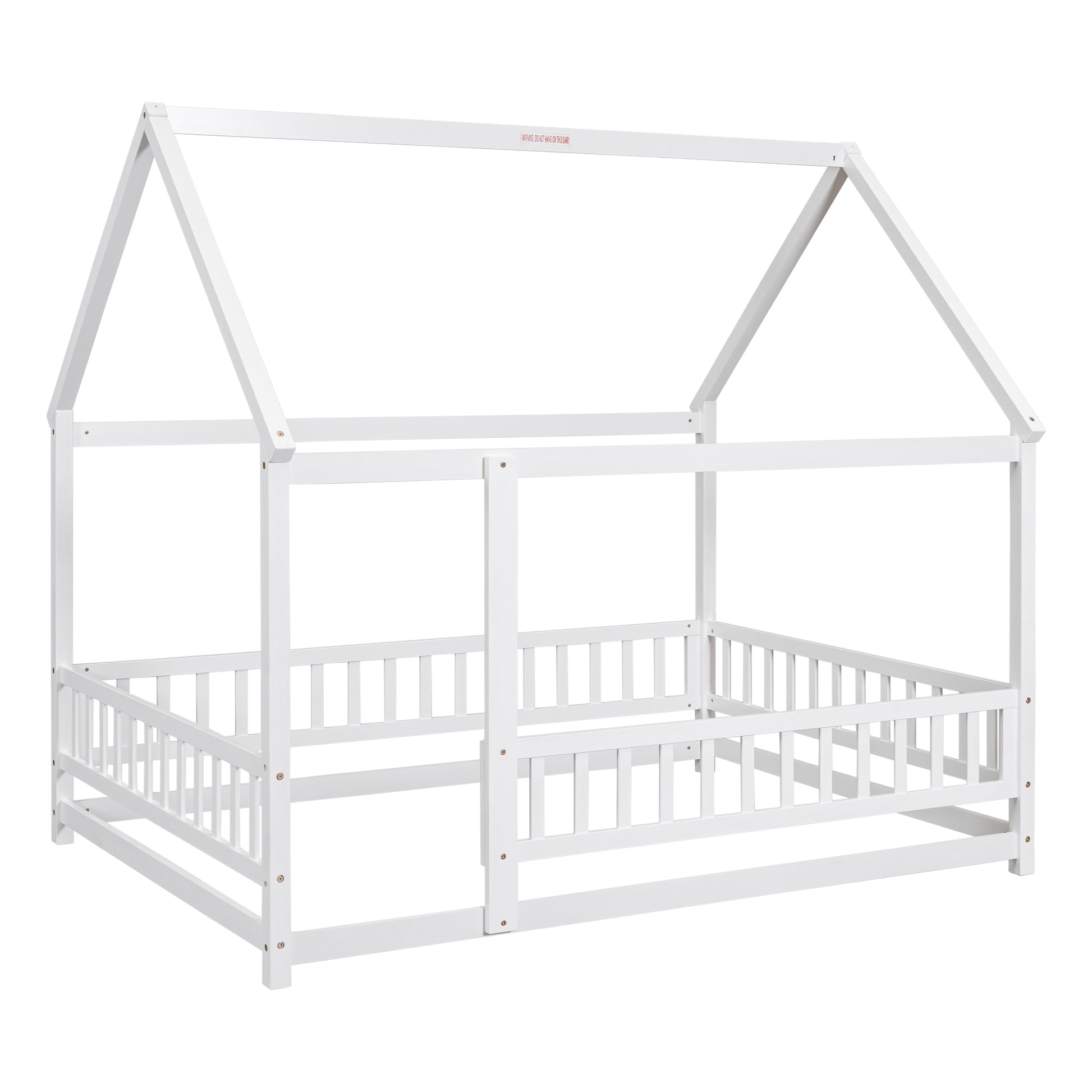 Full Size Floor Wooden Bed With House Roof Frame, Fence Guardrails ,White Old Sku:W50471475 Full White Pine