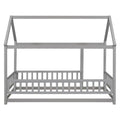 Twin Size Floor Wooden Bed With House Roof Frame, Fence Guardrails,Grey Old Sku:W50471471 Twin Grey Pine