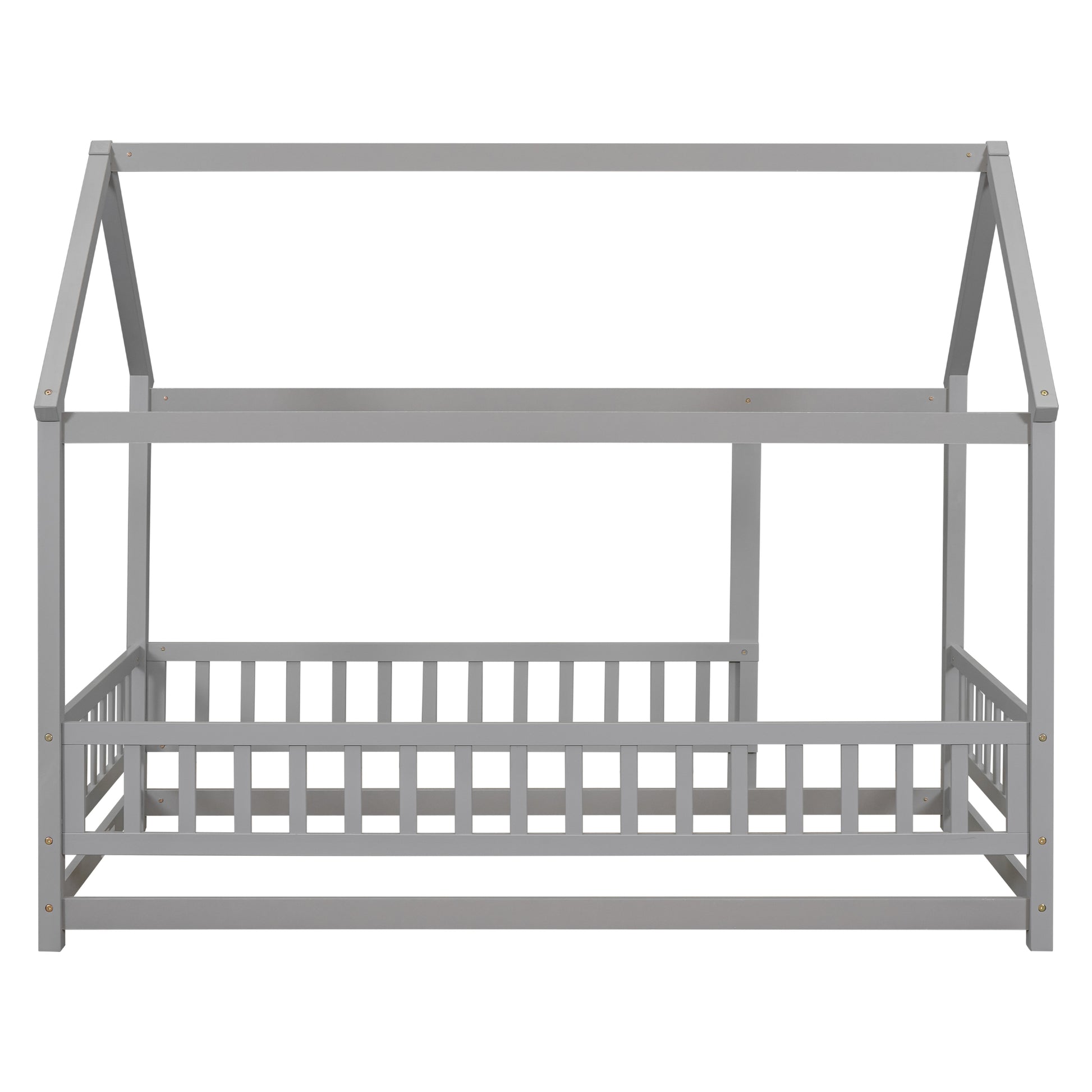 Twin Size Floor Wooden Bed With House Roof Frame, Fence Guardrails,Grey Old Sku:W50471471 Twin Grey Pine