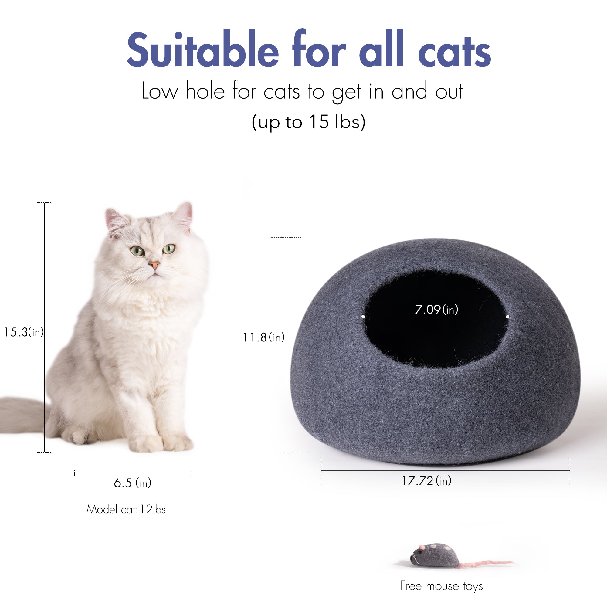 Cat Cave Bed Handmade Wool Cat Bed Cave with Mouse Toy dark blue-wool