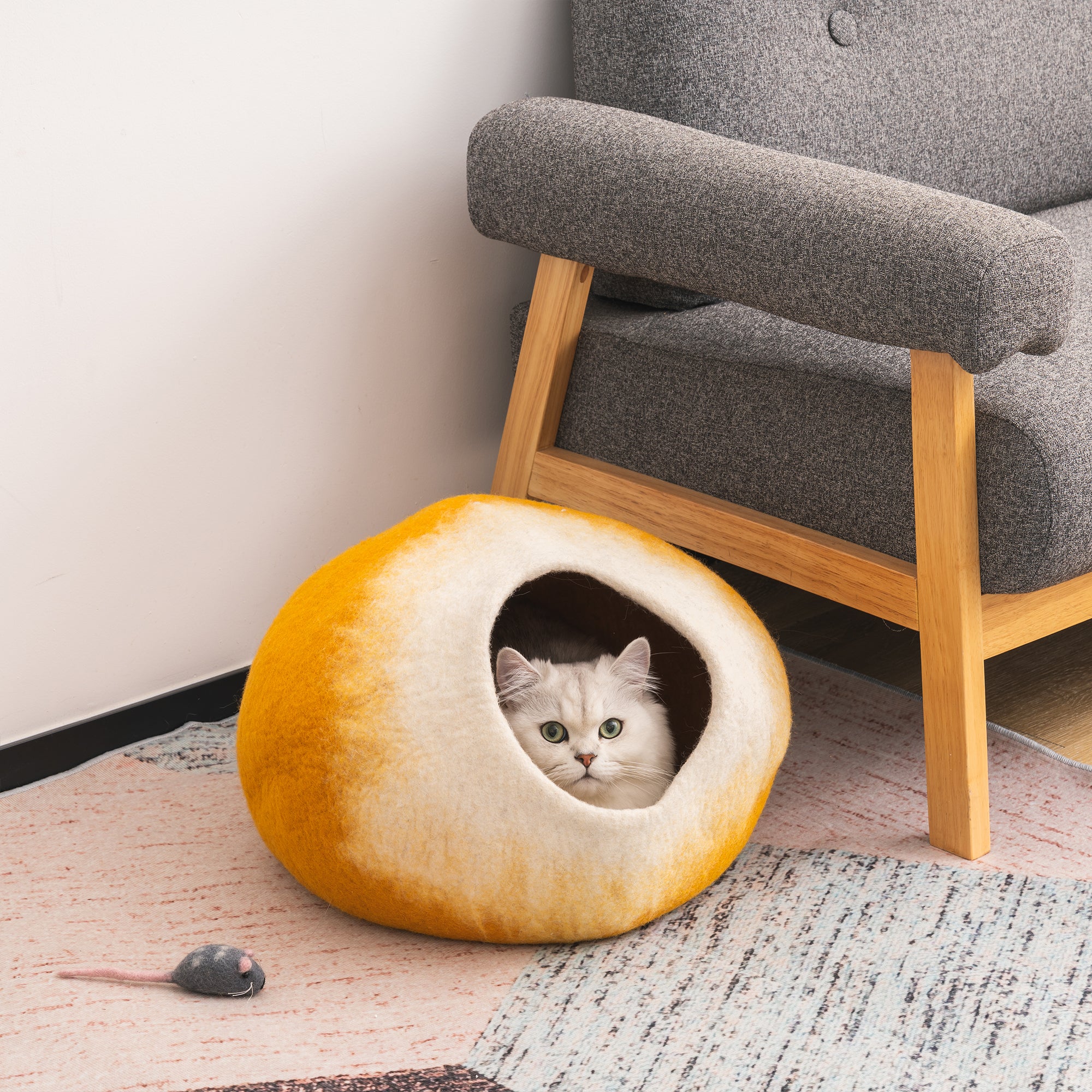 Cat Cave Bed Handmade Wool Cat Bed Cave with Mouse Toy orange-wool