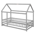 Twin Size Floor Wooden Bed With House Roof Frame, Fence Guardrails,Grey Old Sku:W50471471 Twin Grey Pine