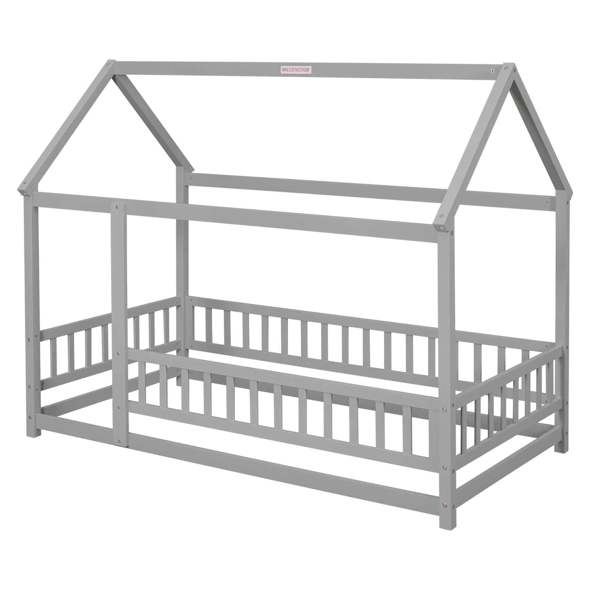 Twin Size Floor Wooden Bed With House Roof Frame, Fence Guardrails,Grey Old Sku:W50471471 Twin Grey Pine