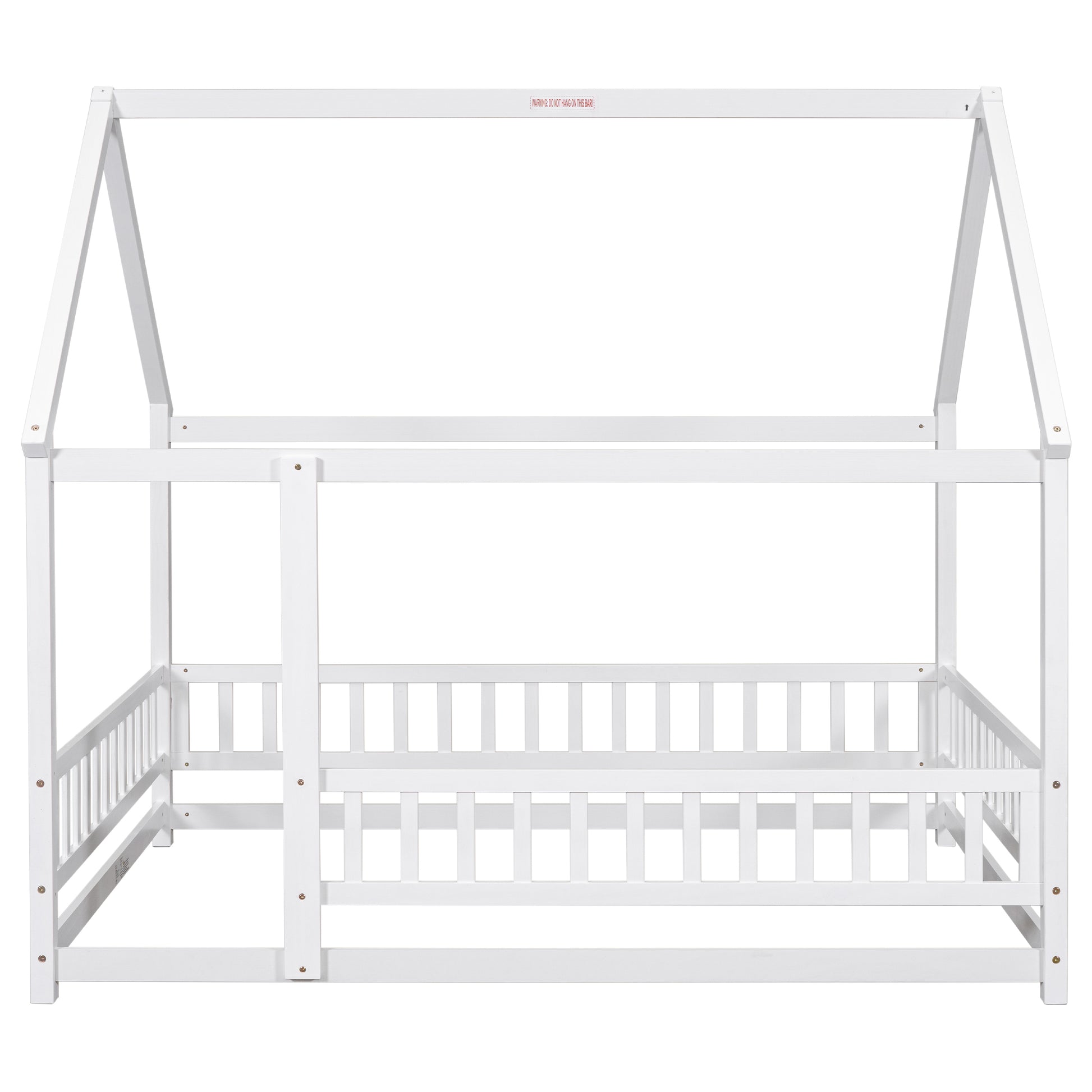 Full Size Floor Wooden Bed With House Roof Frame, Fence Guardrails ,White Old Sku:W50471475 Full White Pine