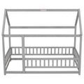 Twin Size Floor Wooden Bed With House Roof Frame, Fence Guardrails,Grey Old Sku:W50471471 Twin Grey Pine