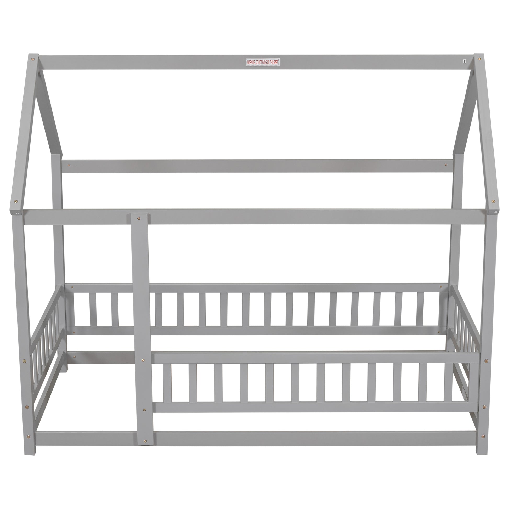 Twin Size Floor Wooden Bed With House Roof Frame, Fence Guardrails,Grey Old Sku:W50471471 Twin Grey Pine