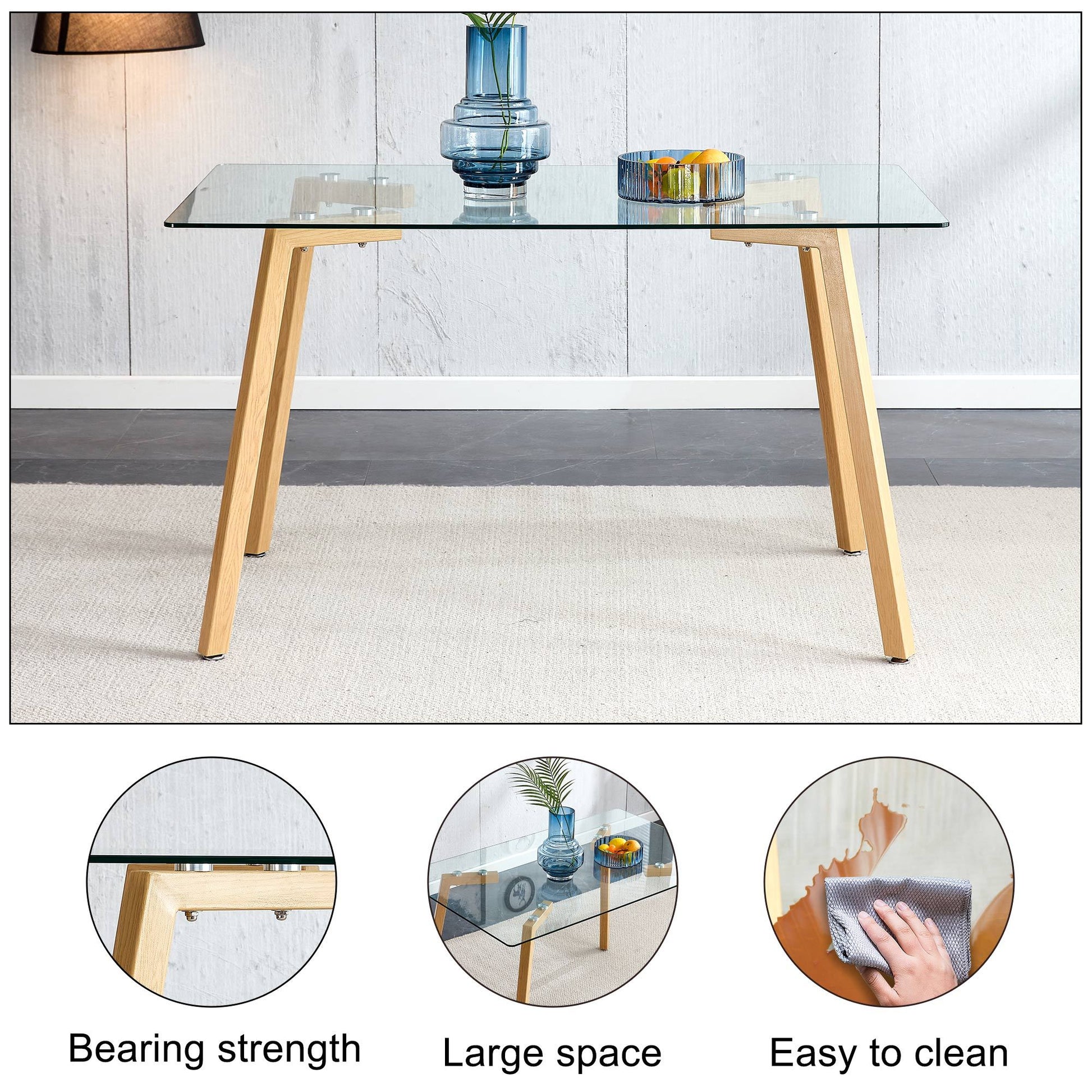 Glass Dining Table Modern Minimalist Rectangle, 4 6, 0.31 "Tempered Glass Tabletop With Wooden Coated Metal Legs, Writing Desk, Suitable For Kitchens, Restaurants, And Living Rooms, 51" W X 31"D X 30" Transparent Glass