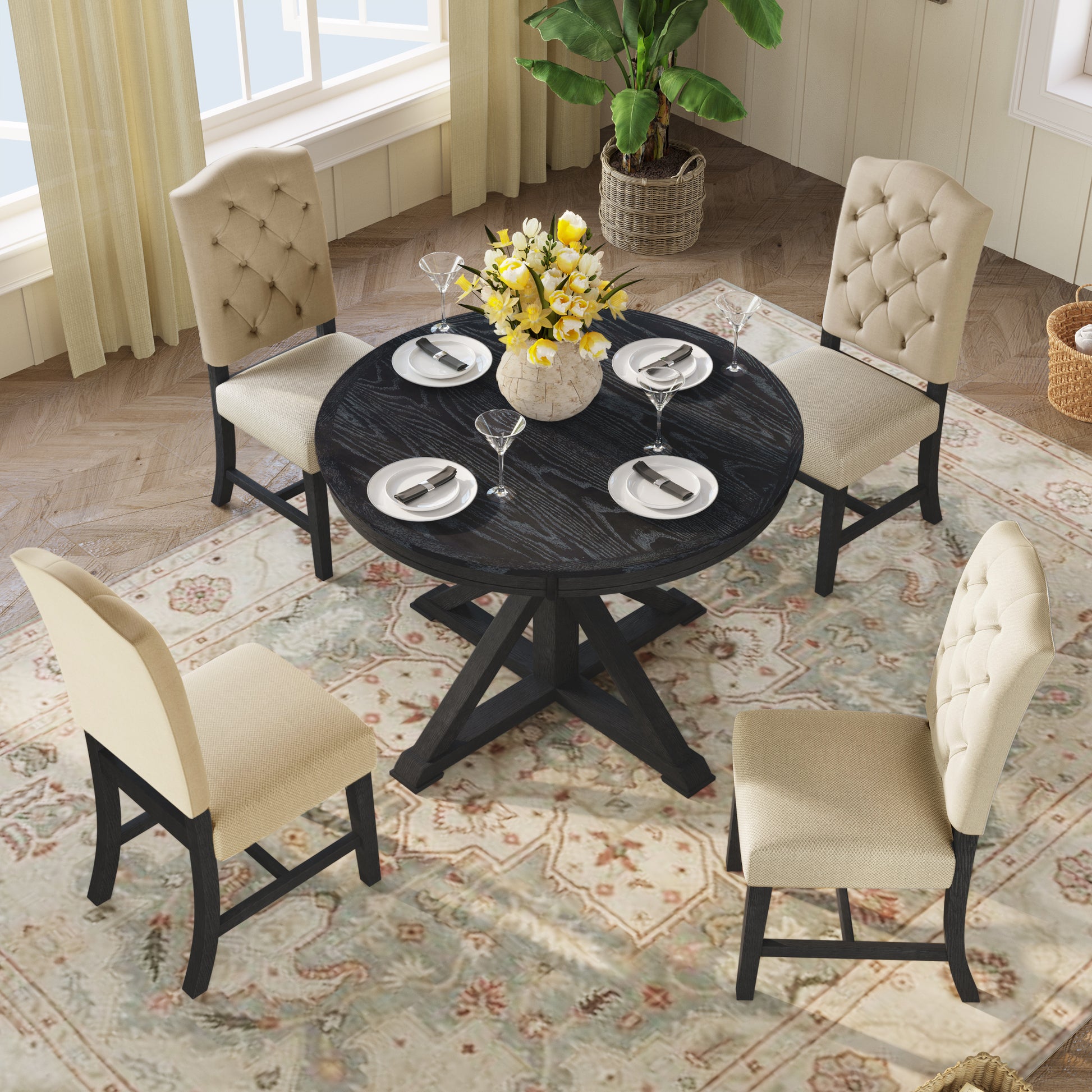 Functional Furniture Retro Style Dining Table Set With Extendable Table And 4 Upholstered Chairs For Dining Room And Living Room Espresso Espresso Solid Wood