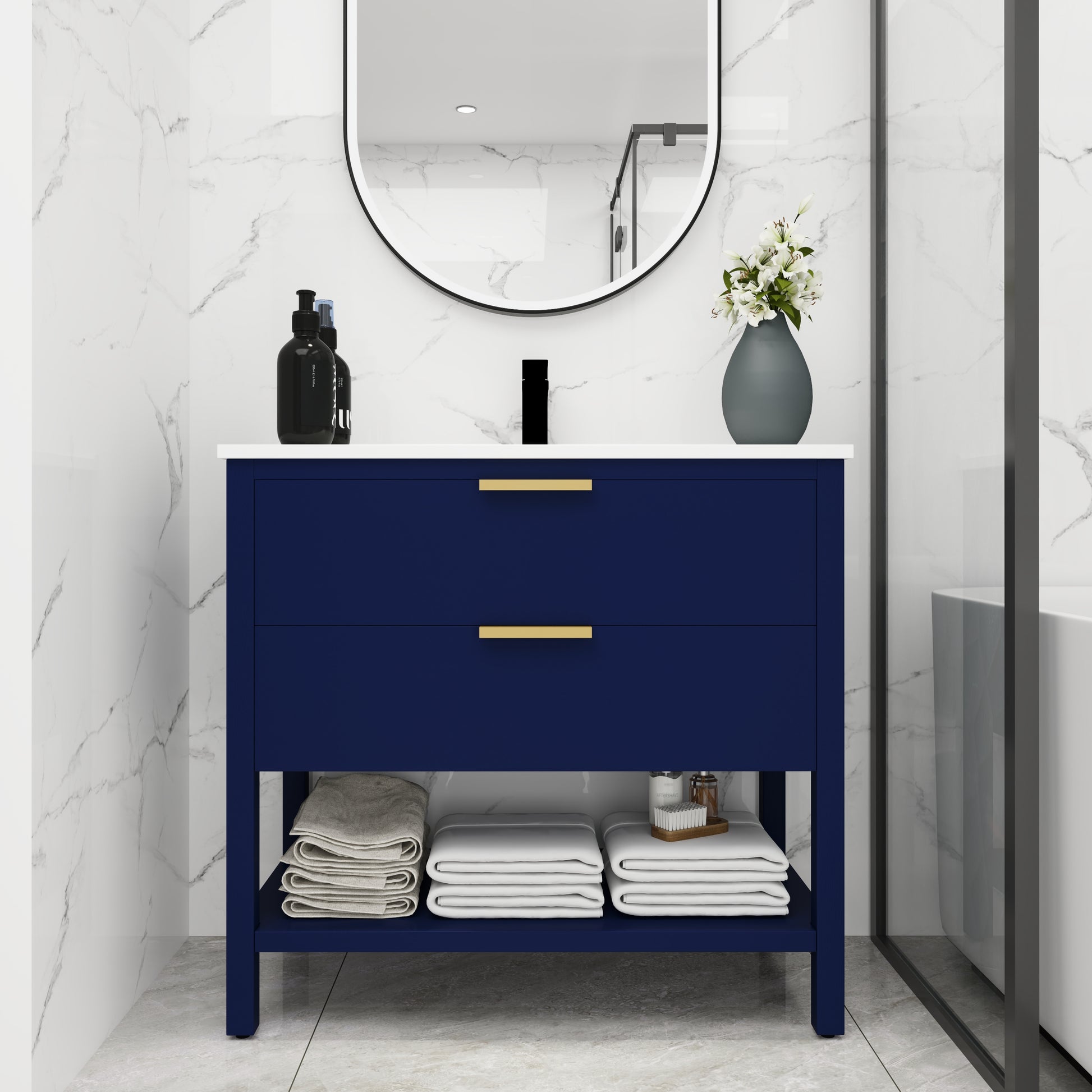 36 Inch Freestanding Bathroom Vanity Plywood With 2 Drawers,36X18 2 Navy Blue 1 Bathroom Freestanding Modern Plywood