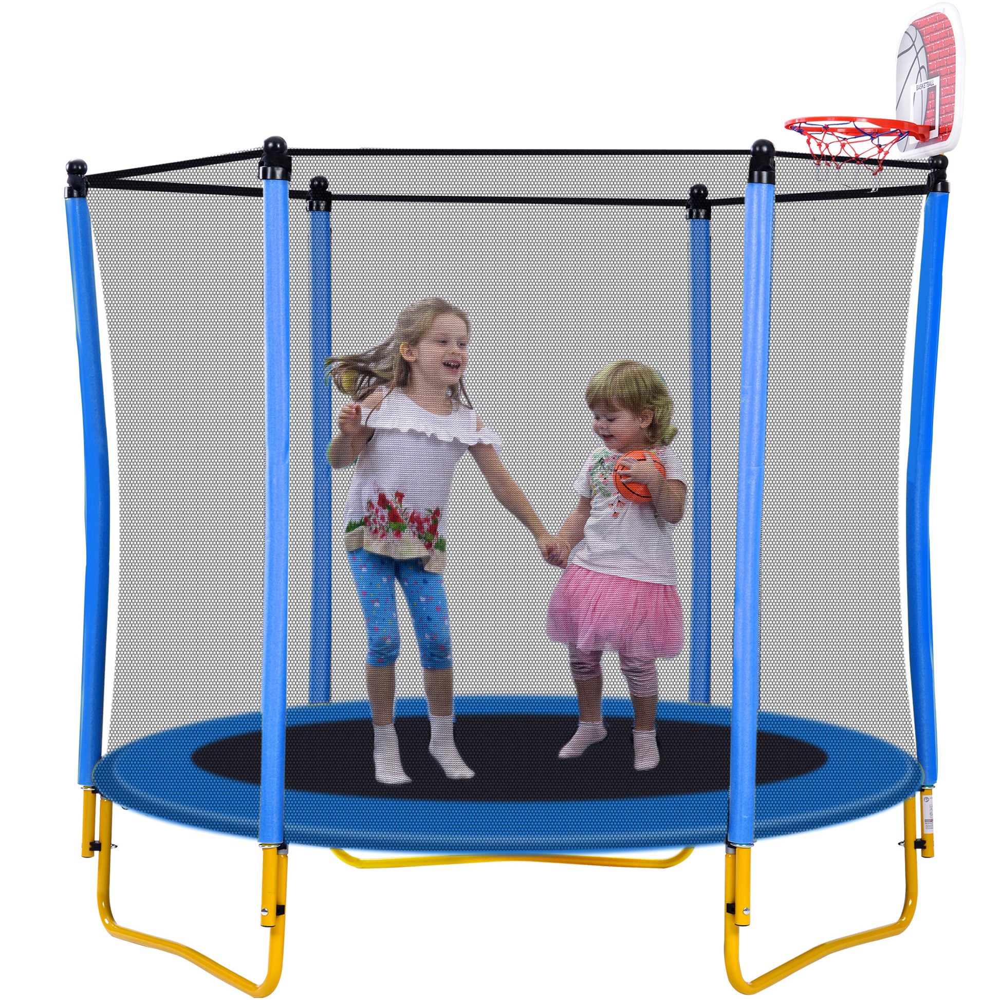 5.5Ft Trampoline For Kids 65" Outdoor & Indoor Mini Toddler Trampoline With Enclosure, Basketball Hoop And Ball Included Blue Metal