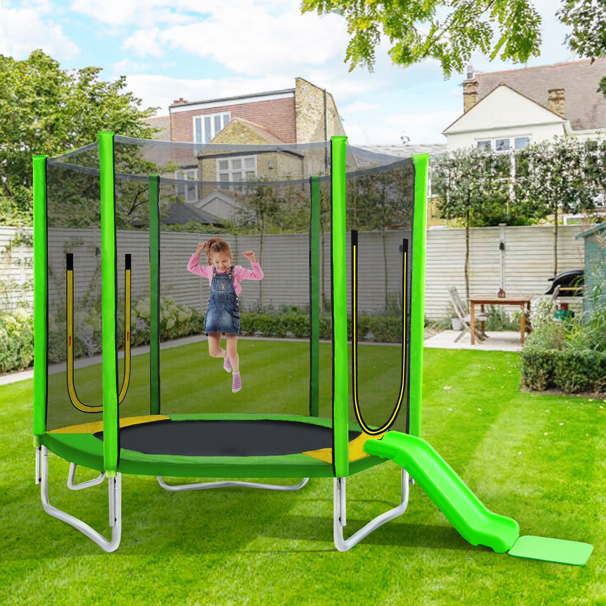 7Ft Trampoline For Kids With Safety Enclosure Net, Slide And Ladder, Easy Assembly Round Outdoor Recreational Trampoline Green Metal