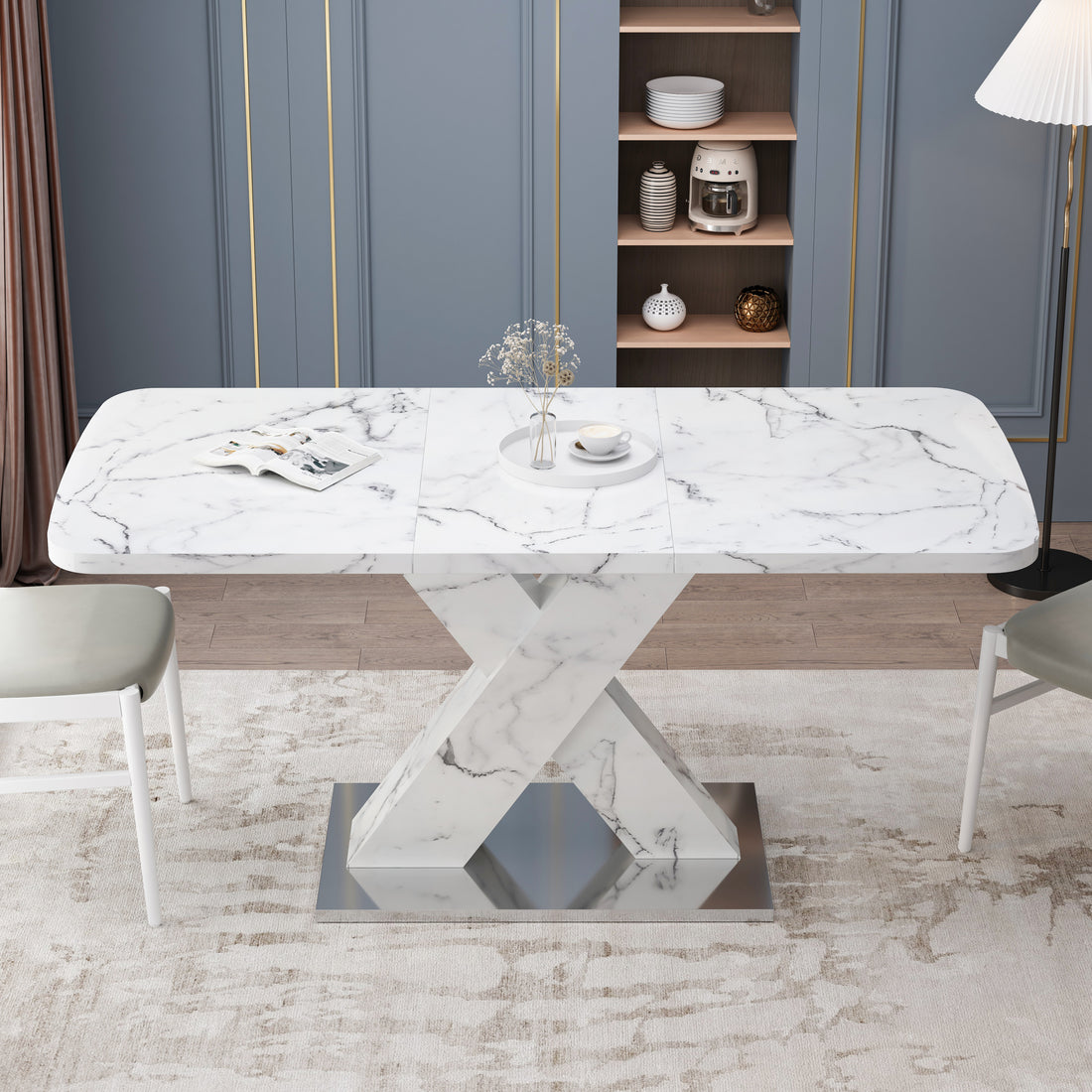 Modern Square Dining Table, Stretchable, With Printed White Marble Table Top Mdf X Shape Table Leg With Metal Base White Mdf Steel