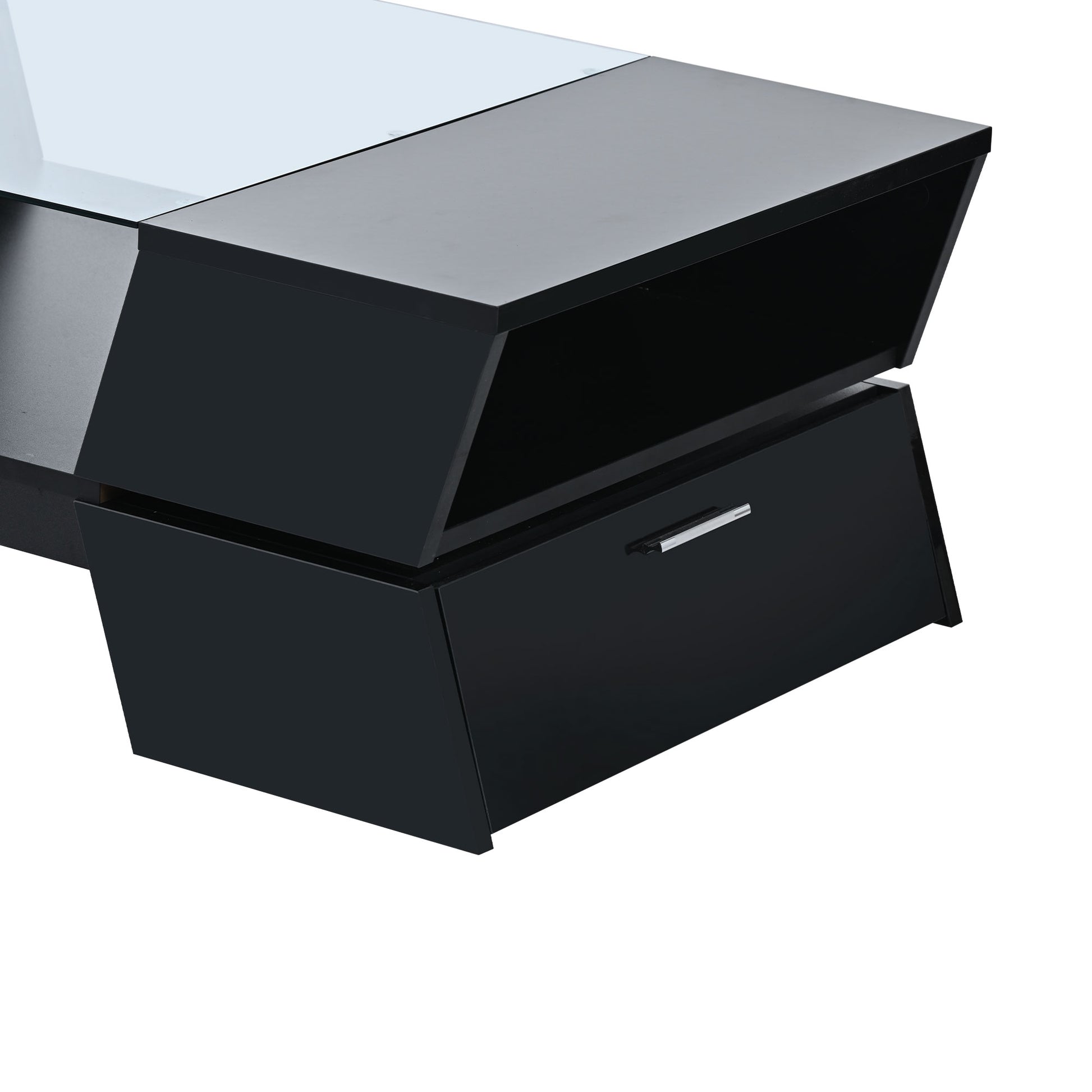 6Mm Glass Top Coffee Table With Open Shelves And Cabinets, Geometric Style Cocktail Table With Great Storage Capacity, Modernist 2 Tier Center Table For Living Room, Black Black Particle Board