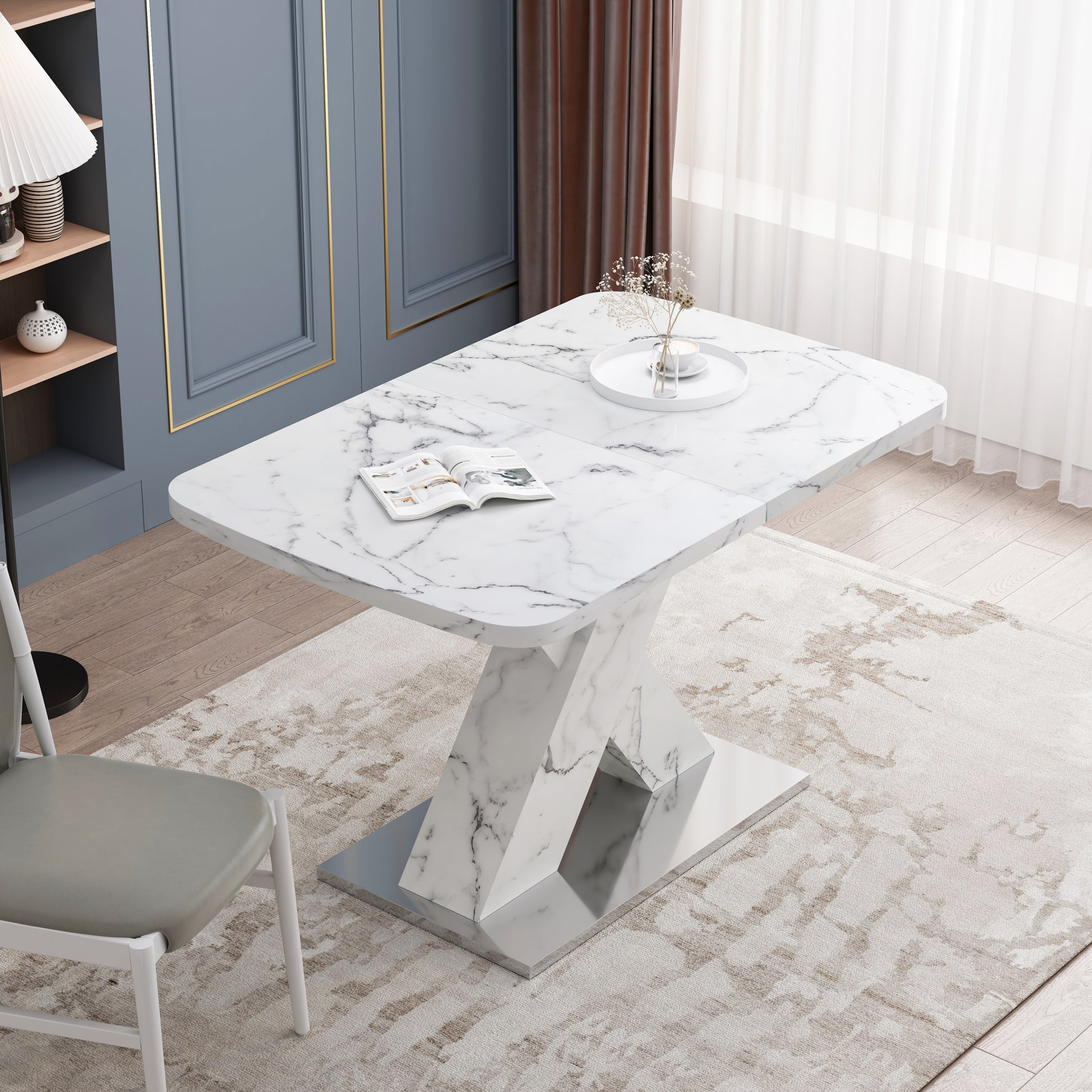 Modern Square Dining Table, Stretchable, With Printed White Marble Table Top Mdf X Shape Table Leg With Metal Base White Mdf Steel