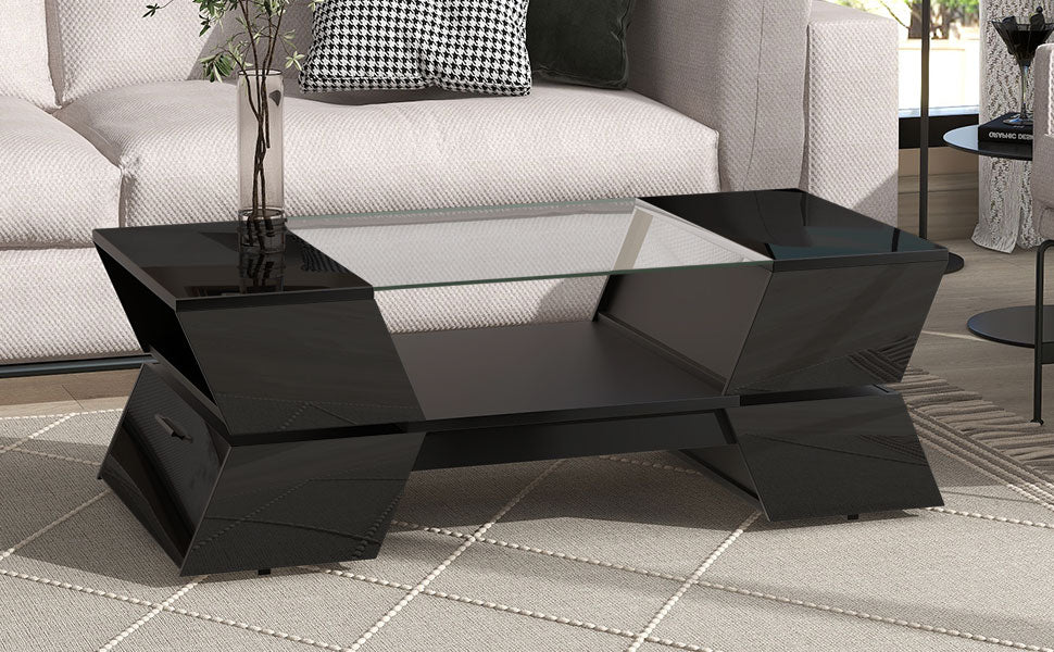 6Mm Glass Top Coffee Table With Open Shelves And Cabinets, Geometric Style Cocktail Table With Great Storage Capacity, Modernist 2 Tier Center Table For Living Room, Black Black Particle Board