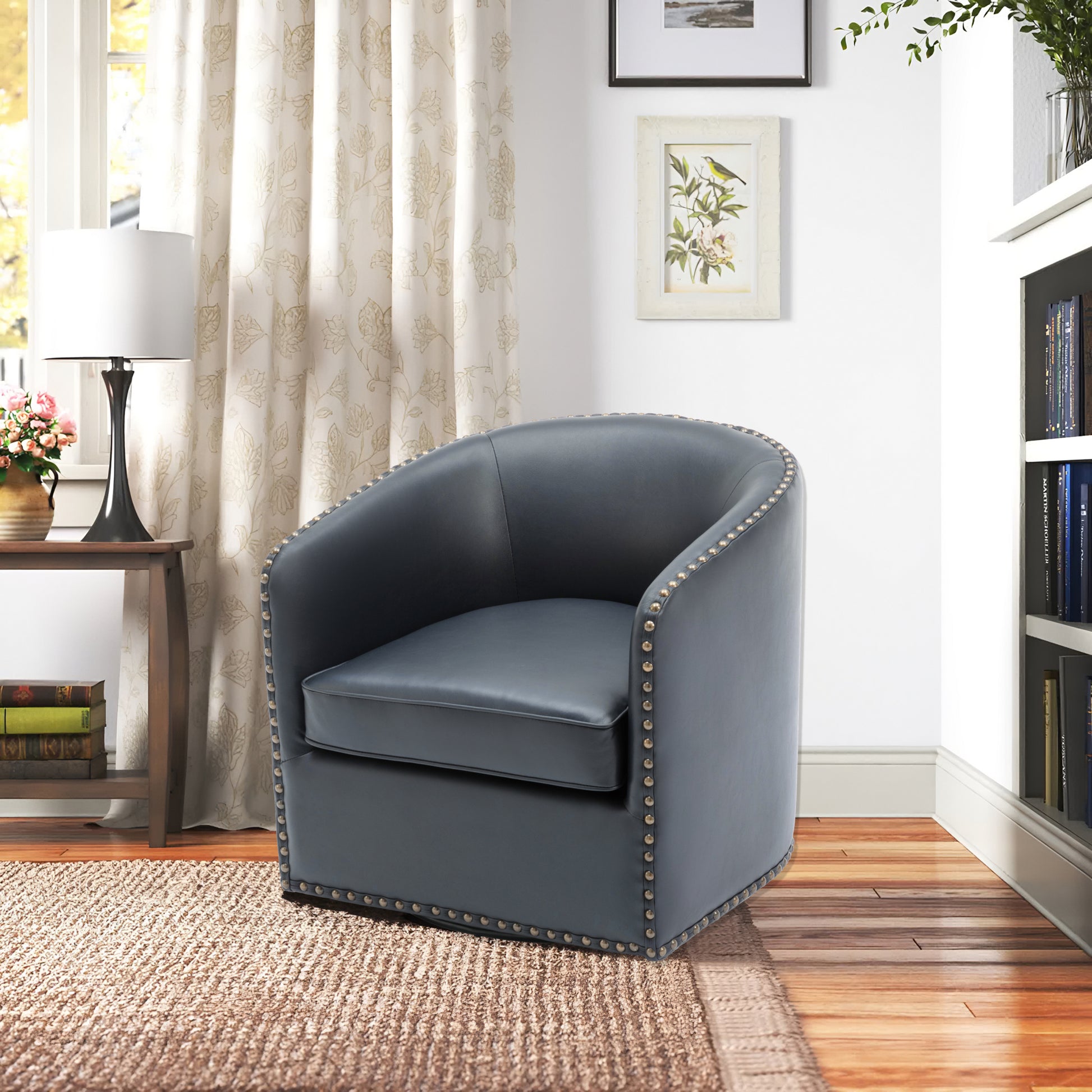 Trenton Swivel Arm Chair Midnight Blue Dark Blue Foam Pu Leather