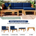 Outdoor Backyard Patio Wood 5 Piece Sectional Sofa Seating Group Set With Cushions, Natural Finish Blue Cushions Yes Complete Patio Set Natural Water Resistant Frame Water Resistant Cushion Garden & Outdoor Casual Sectional Seating Groups Foam Solid Wood