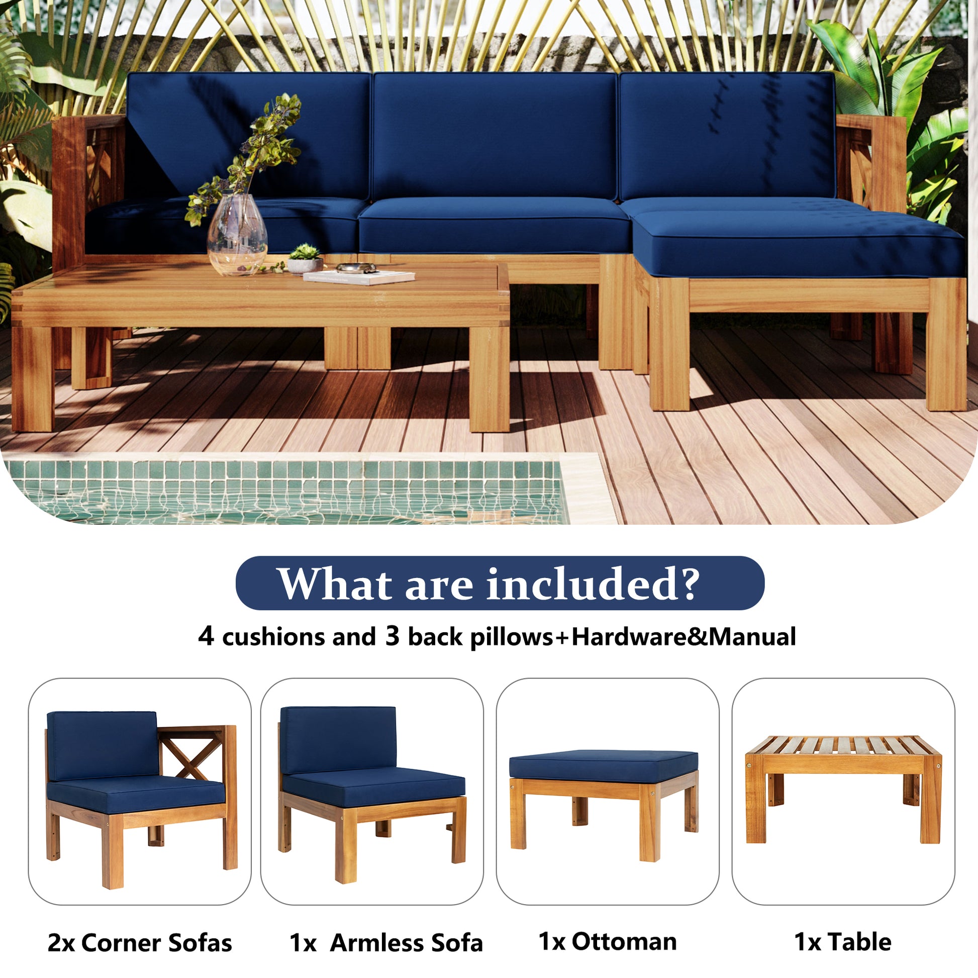 Outdoor Backyard Patio Wood 5 Piece Sectional Sofa Seating Group Set With Cushions, Natural Finish Blue Cushions Yes Complete Patio Set Natural Water Resistant Frame Water Resistant Cushion Garden & Outdoor Casual Sectional Seating Groups Foam Solid Wood