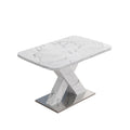 Modern Square Dining Table, Stretchable, With Printed White Marble Table Top Mdf X Shape Table Leg With Metal Base White Mdf Steel