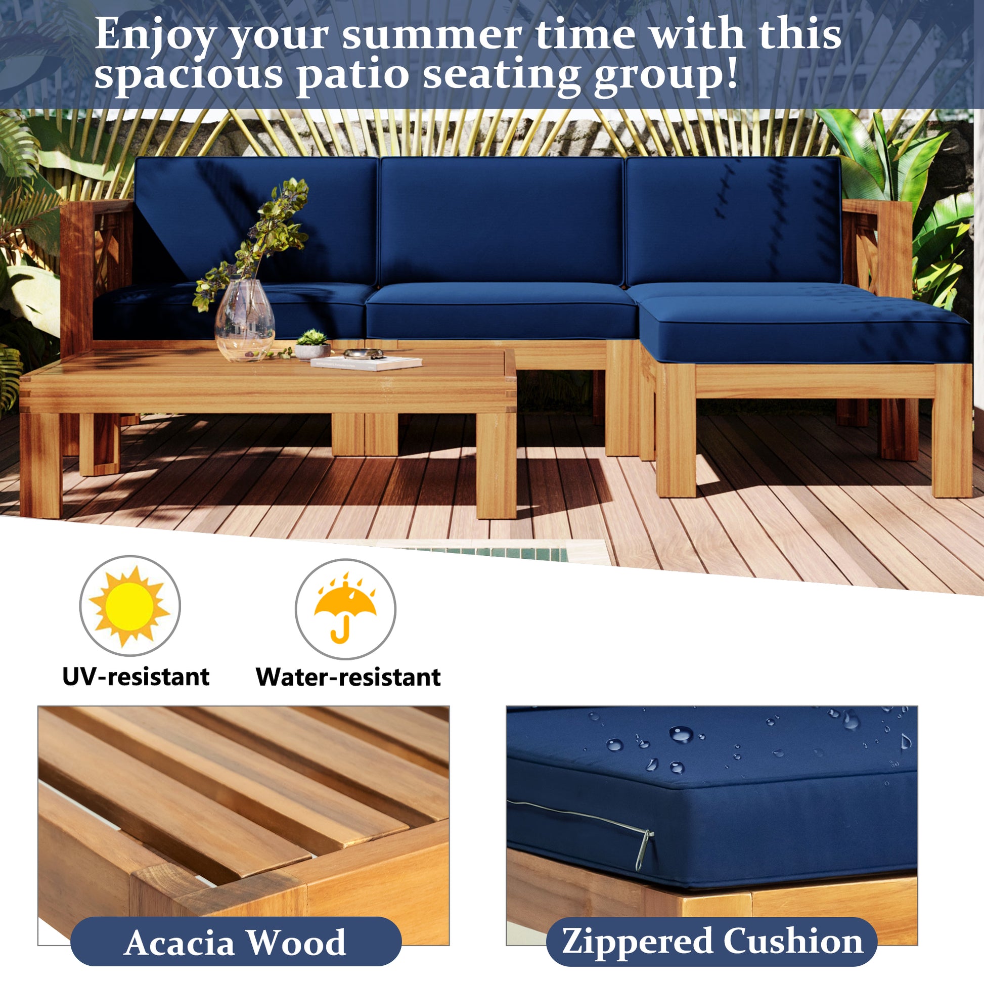 Outdoor Backyard Patio Wood 5 Piece Sectional Sofa Seating Group Set With Cushions, Natural Finish Blue Cushions Yes Complete Patio Set Natural Water Resistant Frame Water Resistant Cushion Garden & Outdoor Casual Sectional Seating Groups Foam Solid Wood