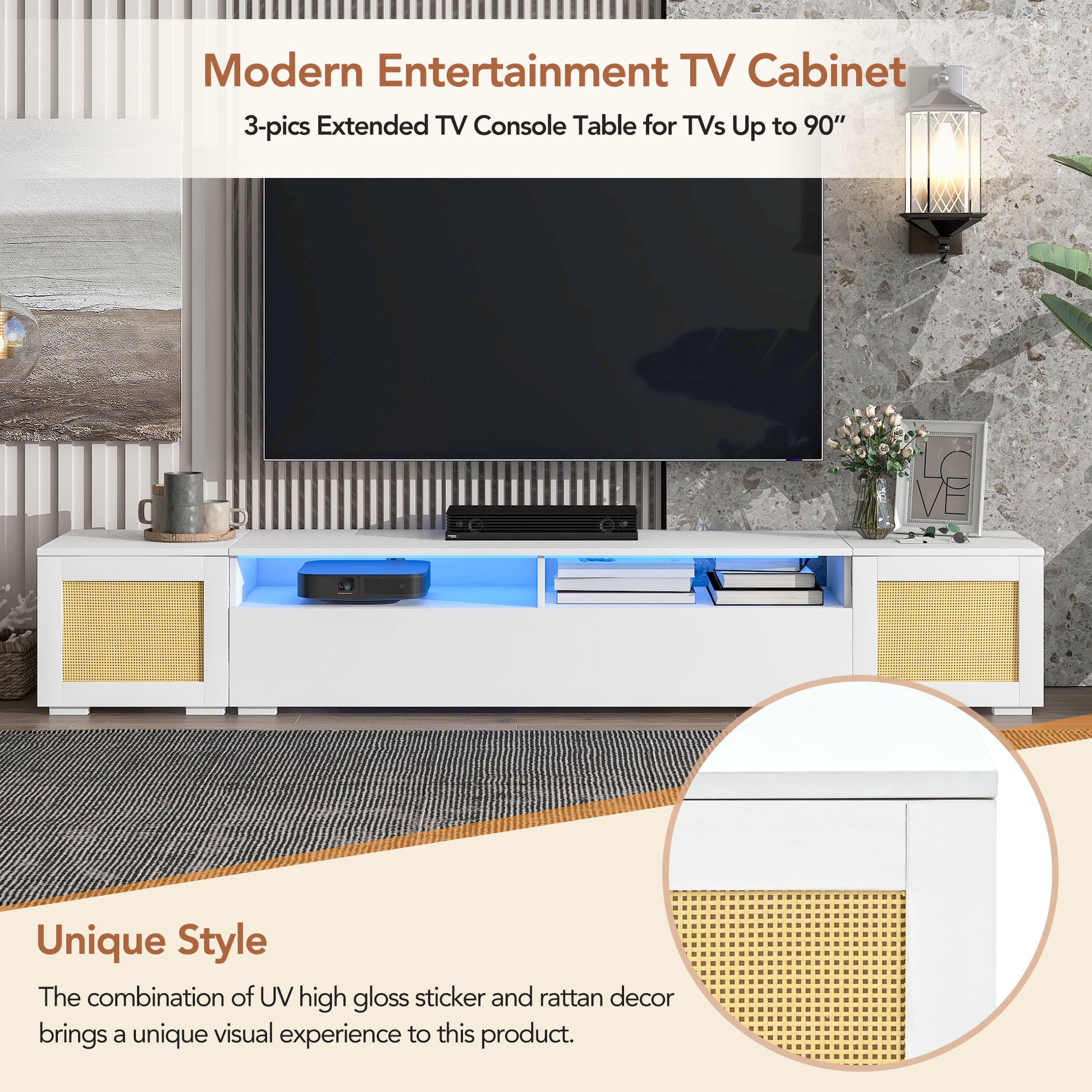 Rattan Style Entertainment Center With Push To Open Doors, 3 Pics Extended Tv Console Table For Tvs Up To 90'', Modern Tv Stand With Color Changing Led Lights For Home Theatre, White White Particle Board