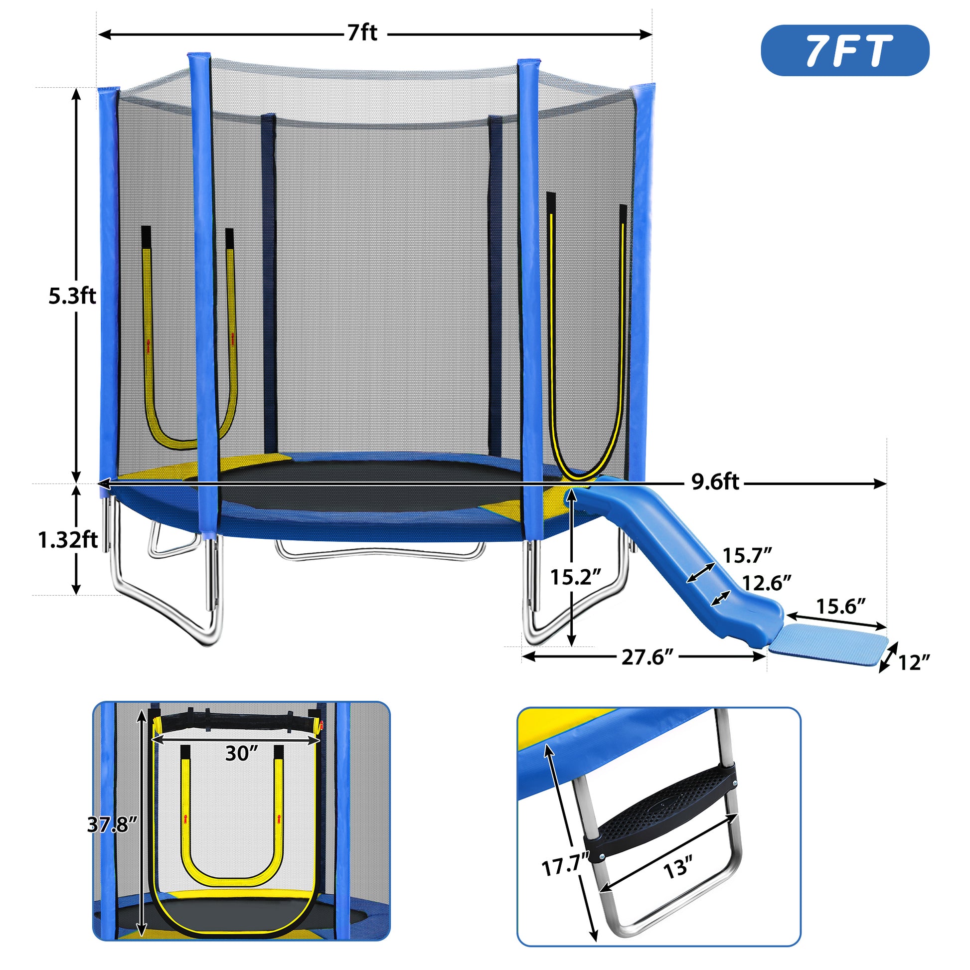 7Ft Trampoline For Kids With Safety Enclosure Net, Slide And Ladder, Easy Assembly Round Outdoor Recreational Trampoline Blue Metal