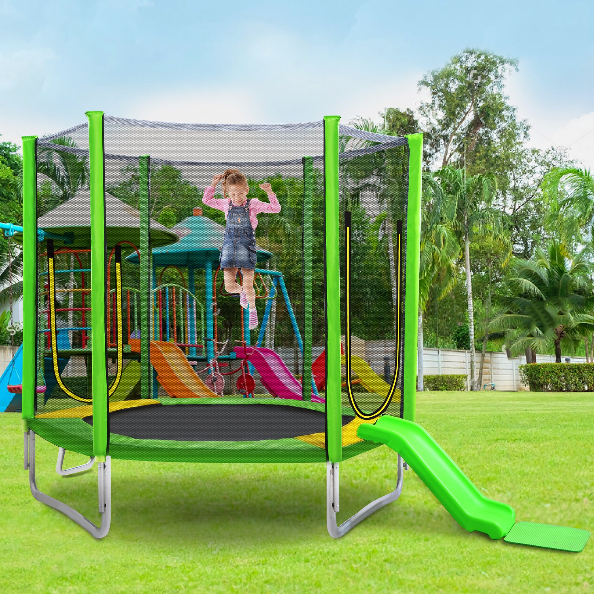 7Ft Trampoline For Kids With Safety Enclosure Net, Slide And Ladder, Easy Assembly Round Outdoor Recreational Trampoline Green Metal