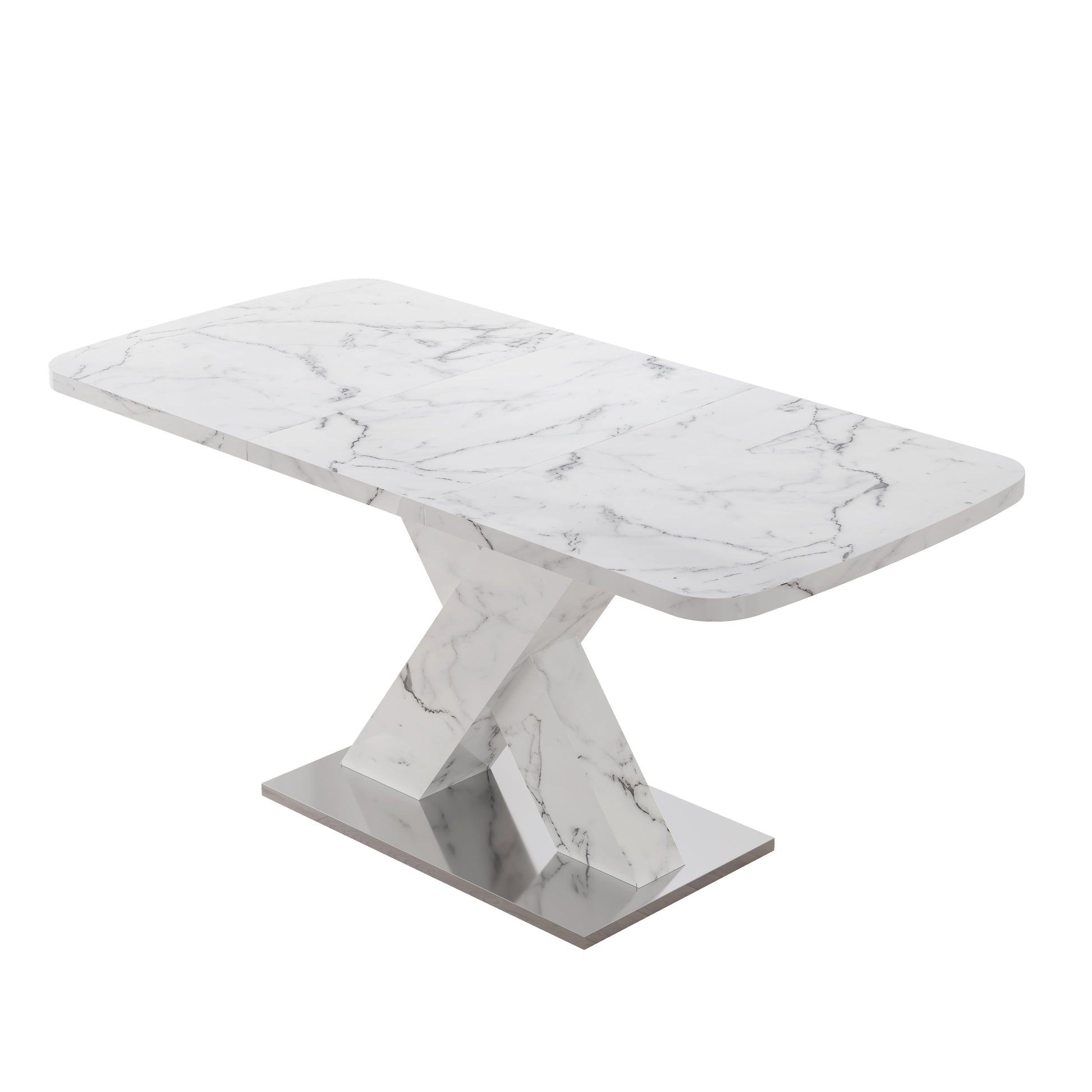 Modern Square Dining Table, Stretchable, With Printed White Marble Table Top Mdf X Shape Table Leg With Metal Base White Mdf Steel