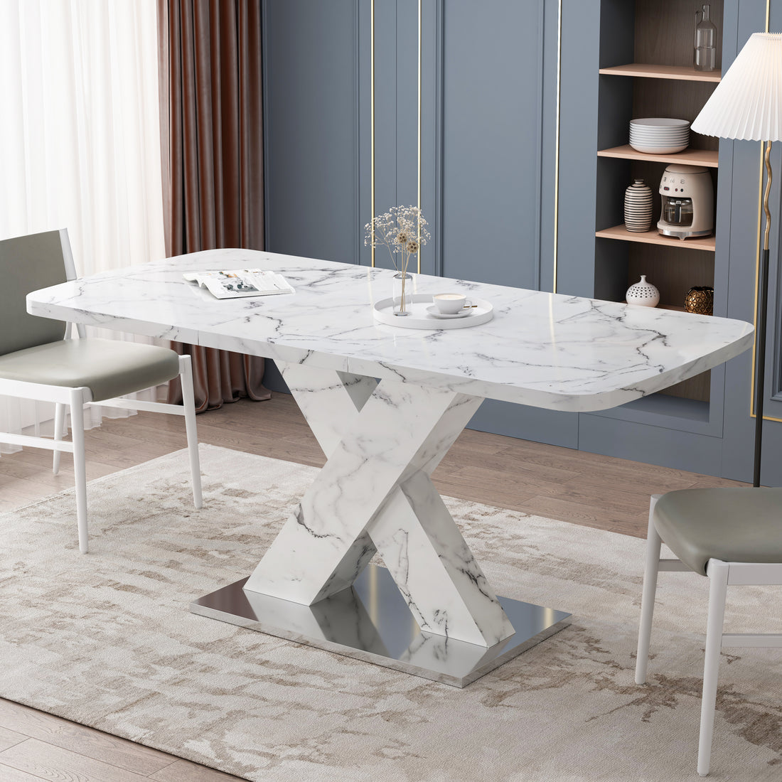 Modern Square Dining Table, Stretchable, With Printed White Marble Table Top Mdf X Shape Table Leg With Metal Base White Mdf Steel