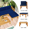 Outdoor Backyard Patio Wood 5 Piece Sectional Sofa Seating Group Set With Cushions, Natural Finish Blue Cushions Yes Complete Patio Set Natural Water Resistant Frame Water Resistant Cushion Garden & Outdoor Casual Sectional Seating Groups Foam Solid Wood